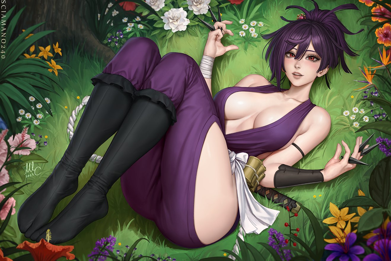 1girls, 2023, 2d, 2d (artwork), artist name, artist signature, asian, asian female, ass, big breasts, breasts, cleavage, clothed, female, female focus, female only, flower, flowers, grass, human, human female, human only, japanese, japanese female, jigokuraku, katana, kneehighs, kunai, kunoichi, large breasts, laying on back, legs, legs up, light skin, light-skinned female, looking at viewer, mostly clothed, nature, ninja, no sex, on back, outdoors, outside, paag, ponytail, purple clothing, purple hair, questionable, realistic breast size, realistic proportions, red eyes, sciamano240, solo, solo female, straight hair, sword, thick ass, thick thighs, thighs, viewed from above, weapon, weapons, younger female, yuzuriha (jigokuraku)