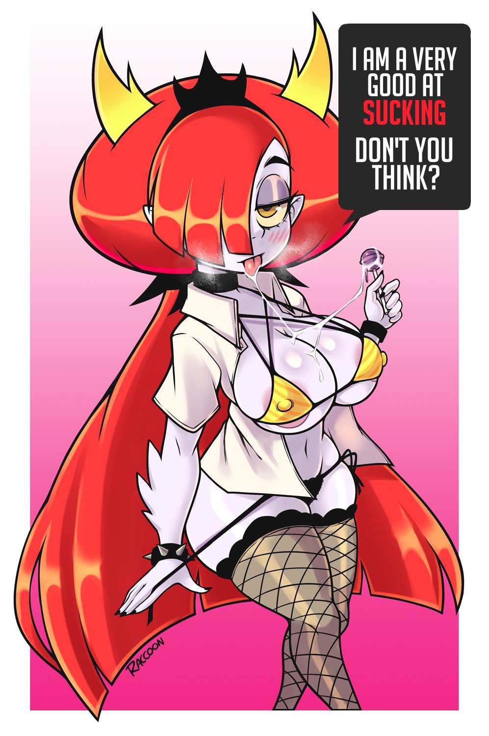 1girls, big breasts, bikini, breasts, disney, disney channel, disney xd, erect nipples under clothes, female, female focus, female only, hair over one eye, hekapoo, high-angle view, humanoid, lollipop, long hair, looking at viewer, nipple bulge, raccoonserver, red hair, star vs the forces of evil, white body, white skin, yellow sclera