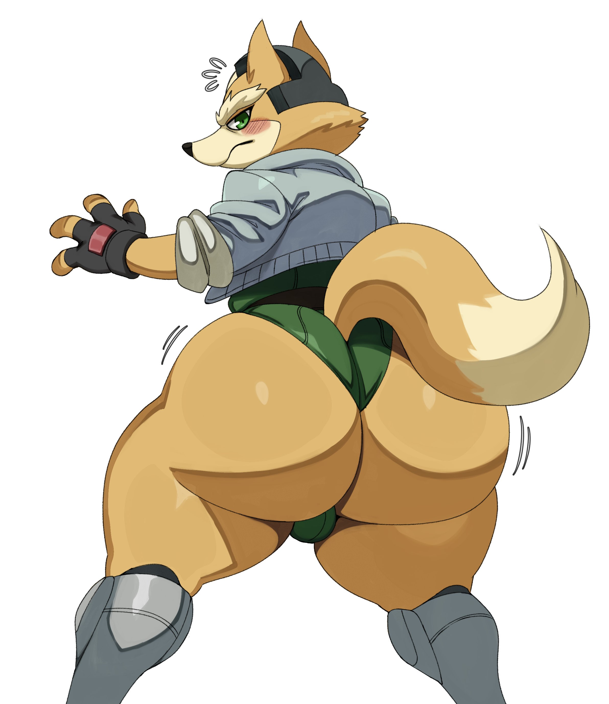 1boy, anthro, ass, big ass, bubble ass, bubble butt, clothing, femboy, fox, fox mccloud, girly, huge ass, jacket, looking at viewer, looking back, male, male only, mechanical legs, shorts, solo, sssonic2, star fox, thick thighs, wide hips