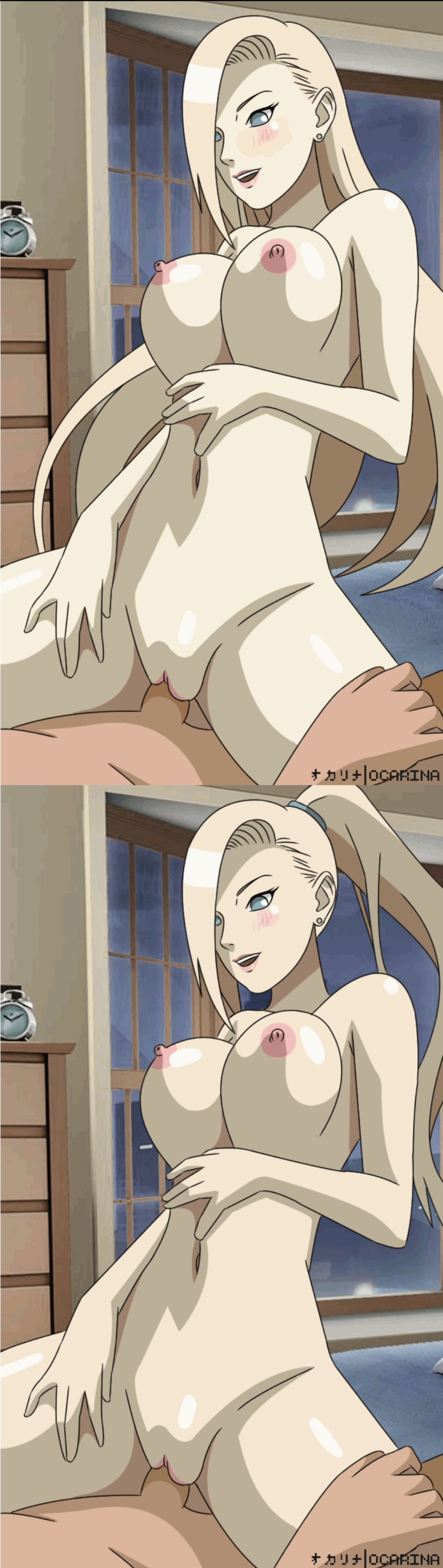 1boy 1girls alternate_hairstyle big_breasts blonde_female blue_eyes blush bouncing_breasts breasts completely_nude cowgirl_position duo duo_focus faceless_male female female_on_top hair_down head_out_of_frame huge_breasts human ino_yamanaka lipstick long_hair loose_hair makeup male male/female multiple_images naruto naruto:_the_last naruto_(series) naruto_shippuden ocarinaotw on_top penetration penis ponytail riding riding_penis sex smile spread_legs straight third-party_edit tied_hair vaginal_sex very_long_hair