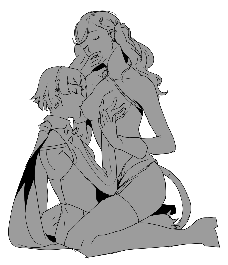 ann takamaki, ann takamaki (panther), breast grab, breasts, clothing, female, human, makoto niijima, makoto niijima (queen), nipple licking, nipples, pale skin, persona, persona 5, phantom thief suit, yuri