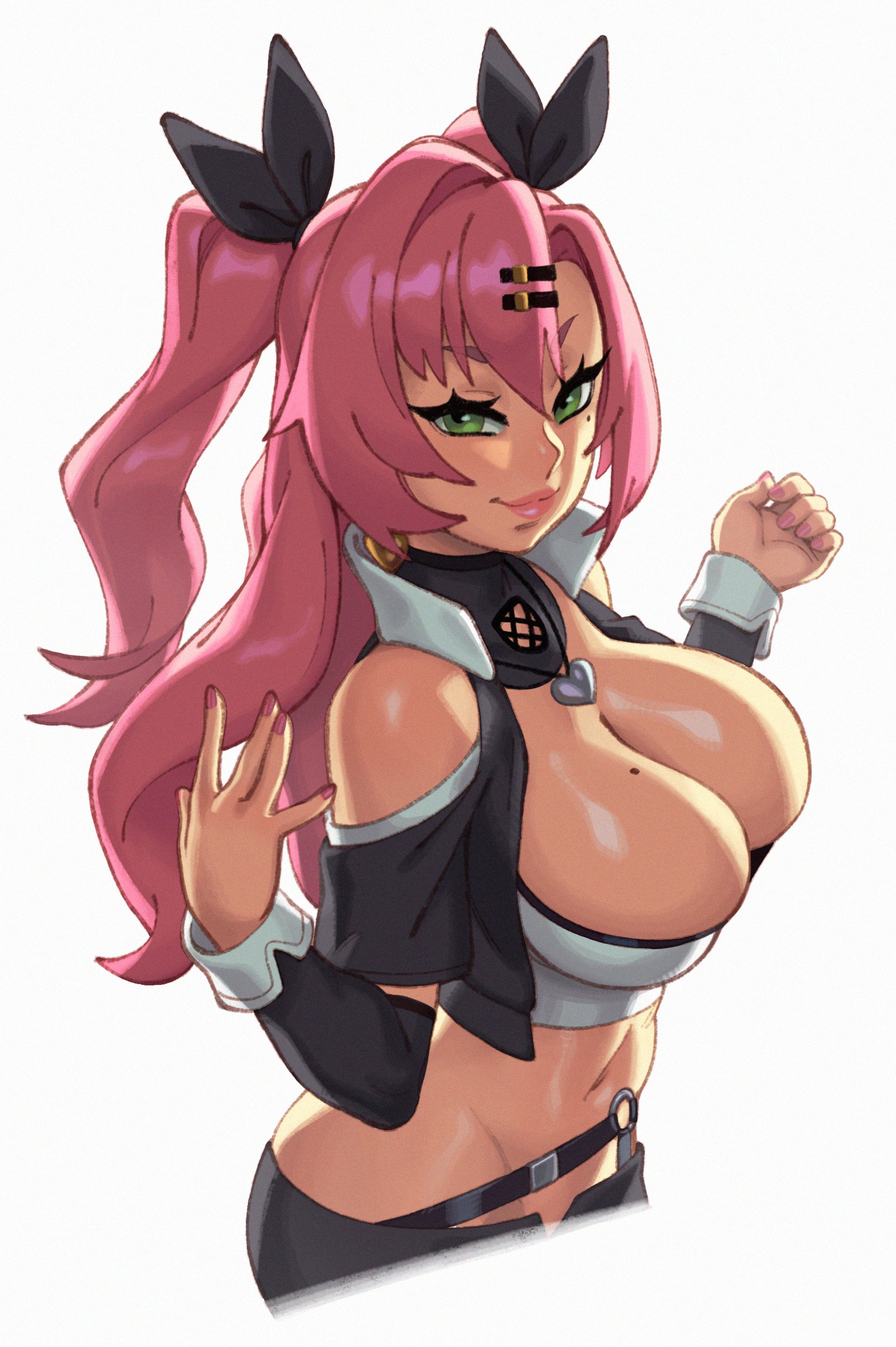 2022, big breasts, breasts, cleavage, female, female focus, female only, green eyes, long hair, looking at viewer, mole on breast, nicole demara, painted fingernails, painted nails, pink fingernails, pink hair, pink nails, rizdraws, skindentation, tied hair, white background, zenless zone zero