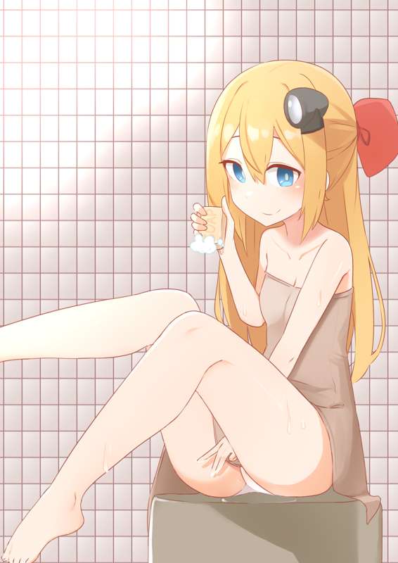 1girls bathing bathroom blonde_hair blue_eyes breasts collarbone daebom female female_only hair_ornament light-skinned_female light_skin long_hair looking_at_viewer panties personification petite sitting small_breasts smiling soap solo t-34 t-34-57 t-34-57(old) t34_(daebom) t34_family towel war_thunder white_panties