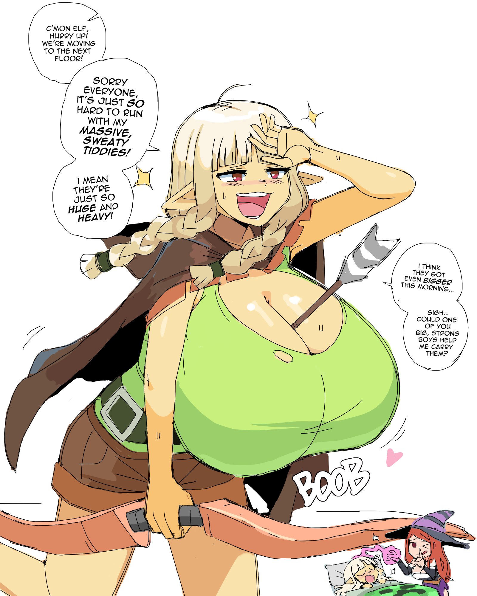 2girls, alternate breast size, between breasts, big breasts, blonde female, blonde hair, breasts, cleavage, dialogue, dragon's crown, dream, dreaming, elf, elf (dragon's crown), elf ears, english text, female, female only, gigantic breasts, hi res, huge breasts, lewdlemage, long hair, pointy ears, sorceress (dragon's crown), speech bubble, tagme, tank top, top heavy, twin braids, twintails, white background, witch hat