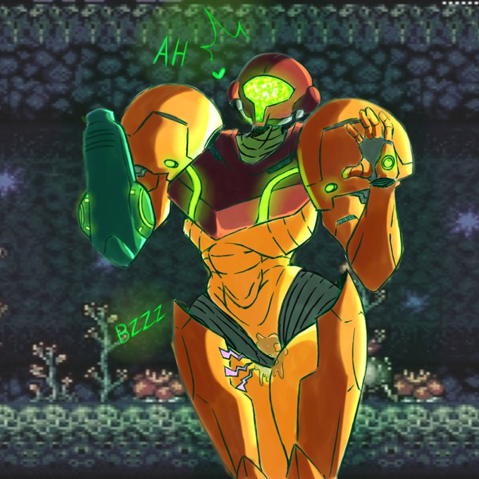 1girls 2022 armor armored_samus colored female fully_clothed glowing_visor hands_up helmet helmet_with_visor hidden_vibrator metroid nintendo power_suit princesskari pussy_juice samus_aran shocked solo super_metroid surprised varia_suit varia_suit_helmet wet wet_pussy wide_hips