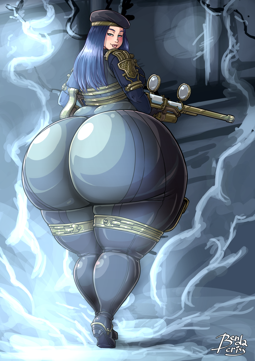 1girls, ass, bendacriss, big ass, blue hair, bottom heavy, caitlyn kiramman, female, gun, hat, hi res, highres, huge ass, league of legends, long hair, looking at viewer, looking back, rear view, riot games, solo, solo female