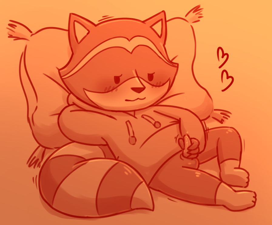 animal_genitalia animal_penis anthro balls blush chillhop chillhop_raccoon clothed clothing digital_drawing_(artwork) digital_media_(artwork) erection feet fur genitals hoodie laying_on_pillow lying male mammal masturbation on_back partial_nudity partially_clothed penile penile_masturbation penis pillow polygon5 procyonid raccoon simple_background smile solo toes topwear