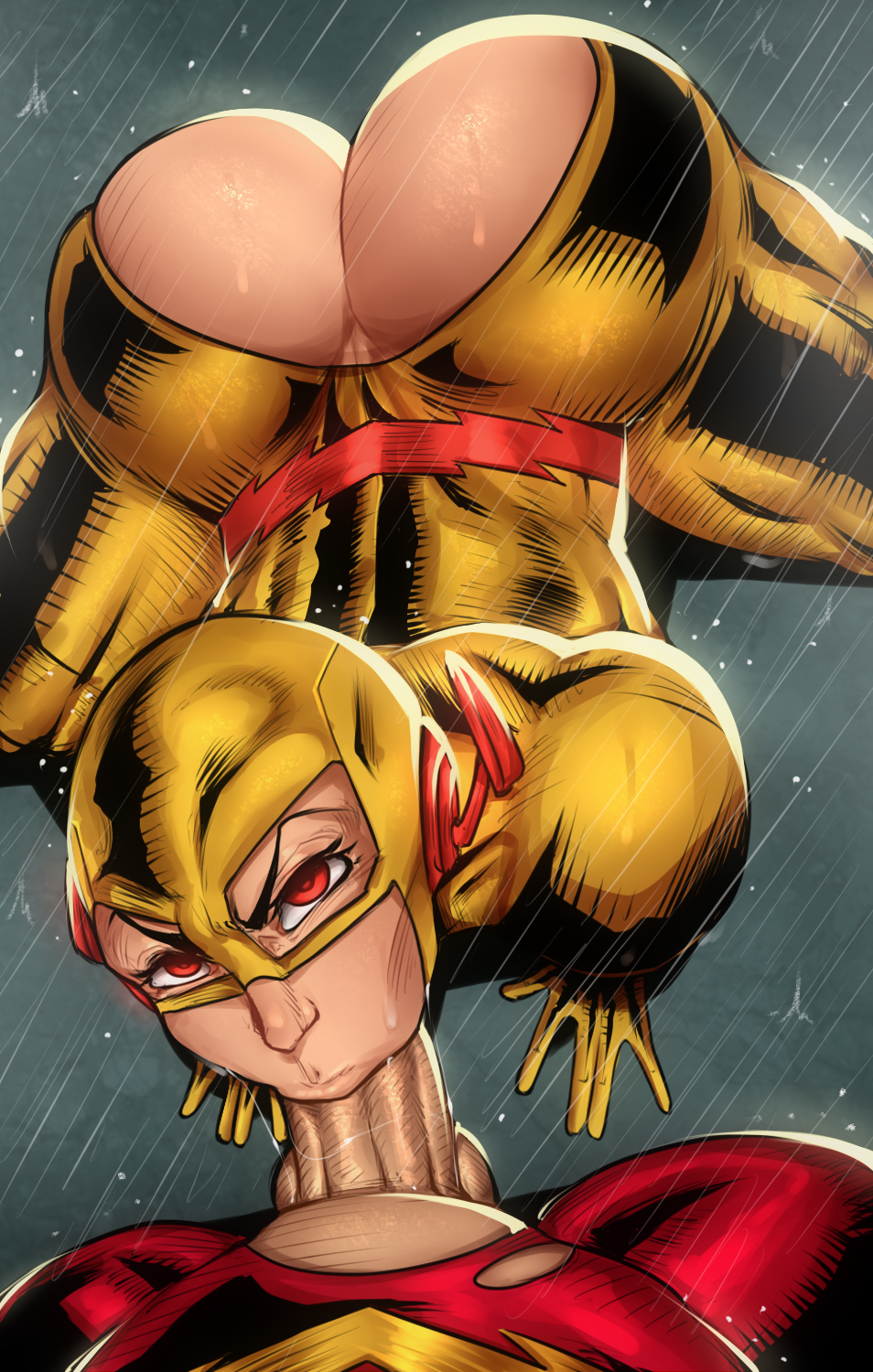 1boy 1girls all_fours armwear ass ass_up barry_allen big_ass big_penis blowjob bubble_ass bubble_butt dc dc_comics detnox eye_contact fat_ass favorite fellatio highres huge_ass lips looking_at_viewer looking_up oral penis red_eyes reverse_flash rule_63 skin_tight the_flash the_flash_(series) thick_lips thick_thighs torn_clothes