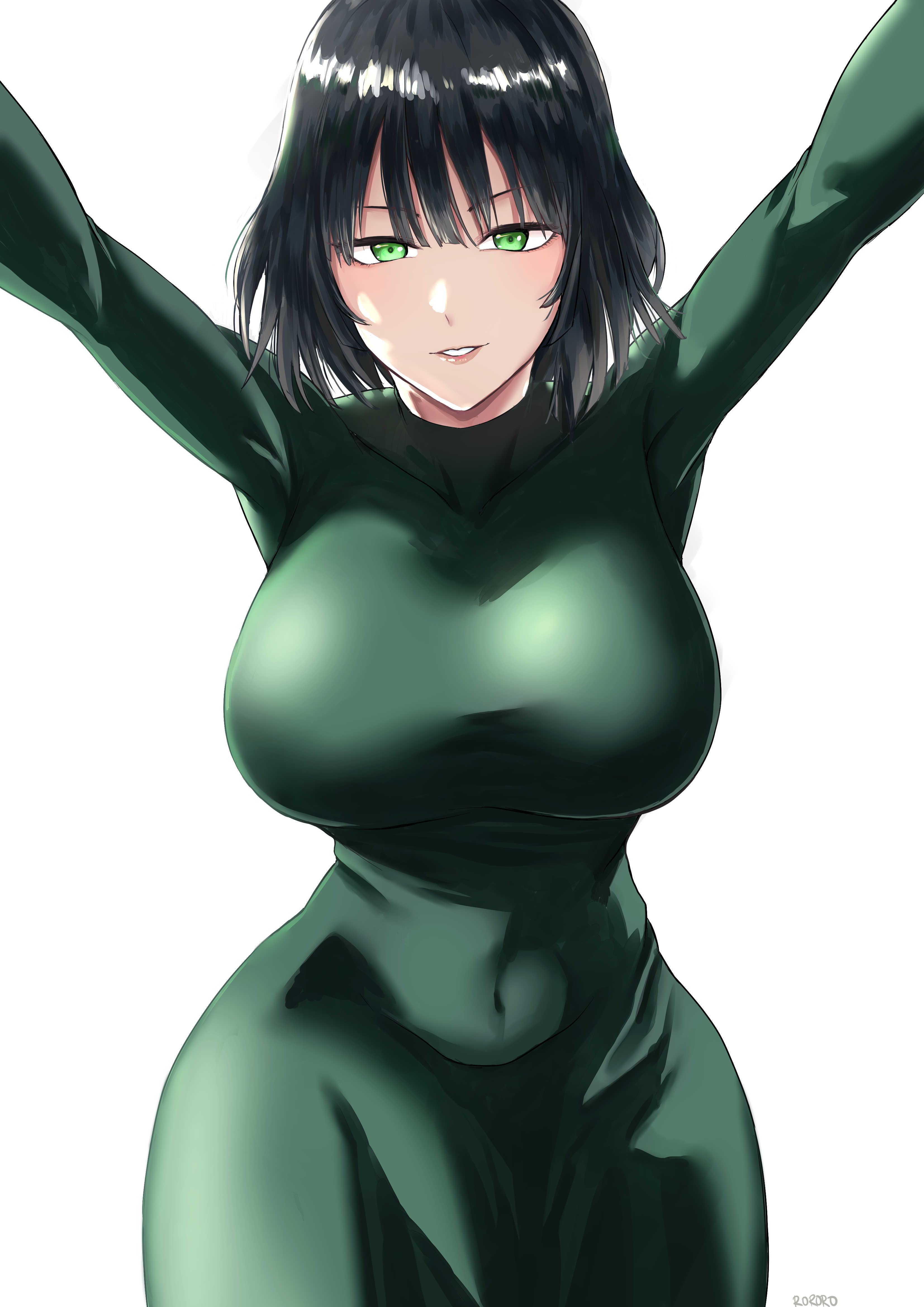 1girls, absurd res, armpits, bangs, belly, belly button, big breasts, blush, bob cut, breasts, busty, clothed, clothing, curvaceous, curvy, curvy body, curvy female, curvy figure, dark green hair, dress, eye contact, eyelashes, female, female focus, female only, fringe, front view, fubuki (one-punch man), green eyes, green hair, heroine, highres, hips, hourglass figure, huge breasts, large breasts, light skin, light-skinned female, lips, lipstick, looking at viewer, medium hair, midriff, navel, one-punch man, pink lips, pink lipstick, pov, pov eye contact, rororo, shiny clothes, shiny skin, short hair, slim, slim waist, smile, smiling, smiling at viewer, solo, solo female, solo focus, stomach, teasing, thick, thick legs, thick thighs, thin waist, tight clothing, voluptuous, waist, white background, wide hips