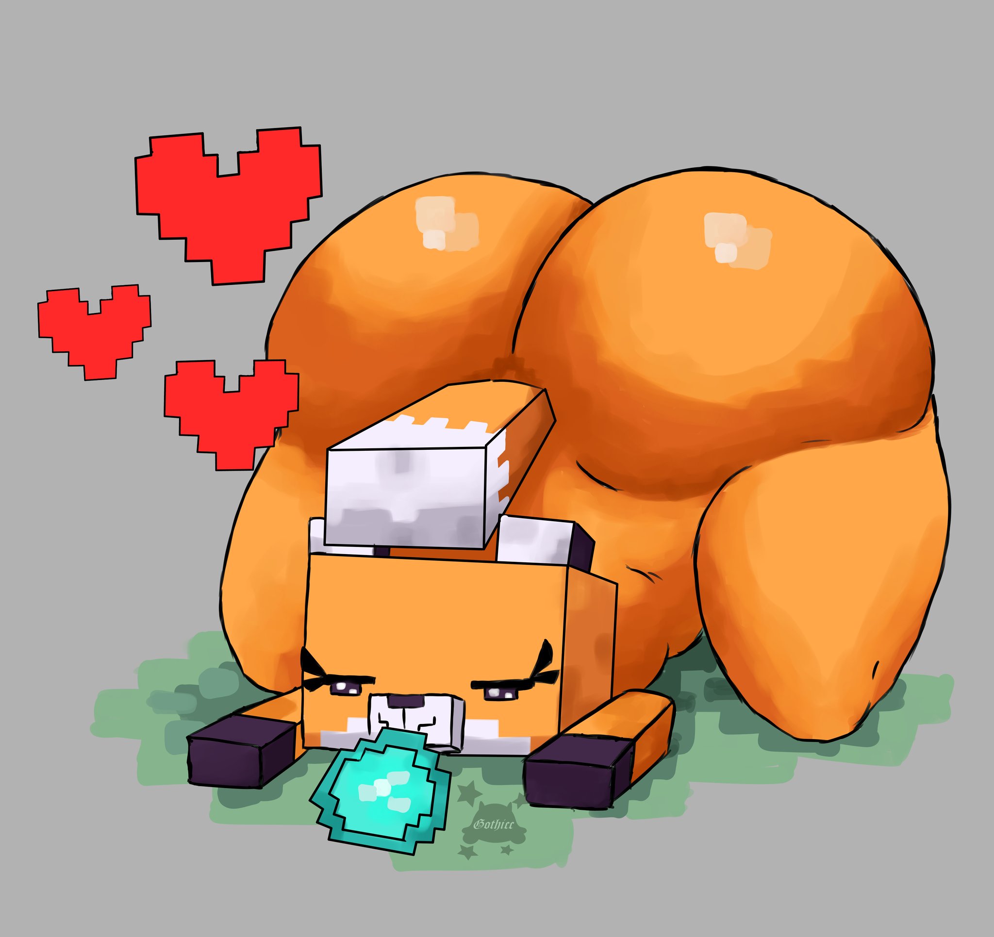 ass, ass up, bent over, big ass, big butt, bubble ass, bubble butt, diamond, fox (minecraft), gem, gothicc komy (artist), hearts, huge ass, inviting, jack-o pose, minecraft, orange fur, orange hair, tagme, tail, thick thighs