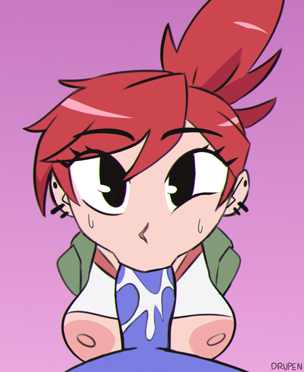1boy, 1girls, areolae, black eyes, bloo, blowjob, blue penis, breasts, cartoon network, cum, cum on penis, drupeneassot, ear piercing, eyebrows visible through hair, eyelashes, eyes visible through hair, female, female penetrated, foster's home for imaginary friends, frankie foster, green jacket, imaginary friend, light skin, light-skinned female, male, male penetrating, male penetrating female, nipples, no bra, oral, oral penetration, oral sex, penis, ponytail, pov, pov blowjob, pov male, red hair, redhead, shirt up, straight, straight sex, sucking penis, sweat, sweating, white sclera, white shirt