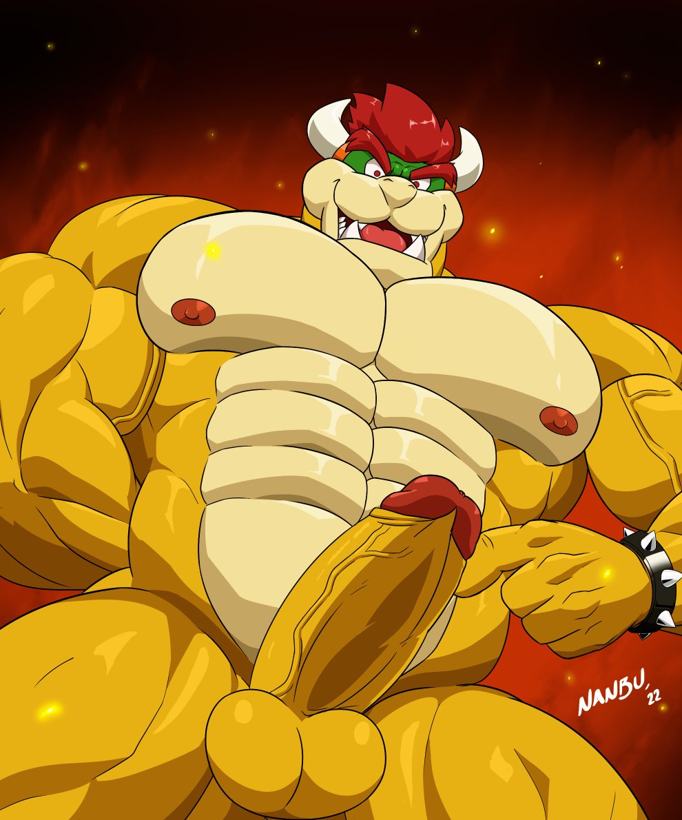 2022 abs anthro balls bara barazoku biceps big_balls big_muscles big_penis black_background bowser bracelet erection eyebrows fire genitals gesture hair hand_behind_back horn huge_muscles humanoid_genitalia humanoid_penis jewelry koopa male male_only mario_(series) muscular nanbuskhan nintendo nipples non-mammal_balls non-mammal_nipples nude obliques open_mouth open_smile pecs penis pointing presenting presenting_penis quads scalie signature simple_background smile solo spiked_bracelet spikes standing teeth thick_penis thick_thighs tongue video_games