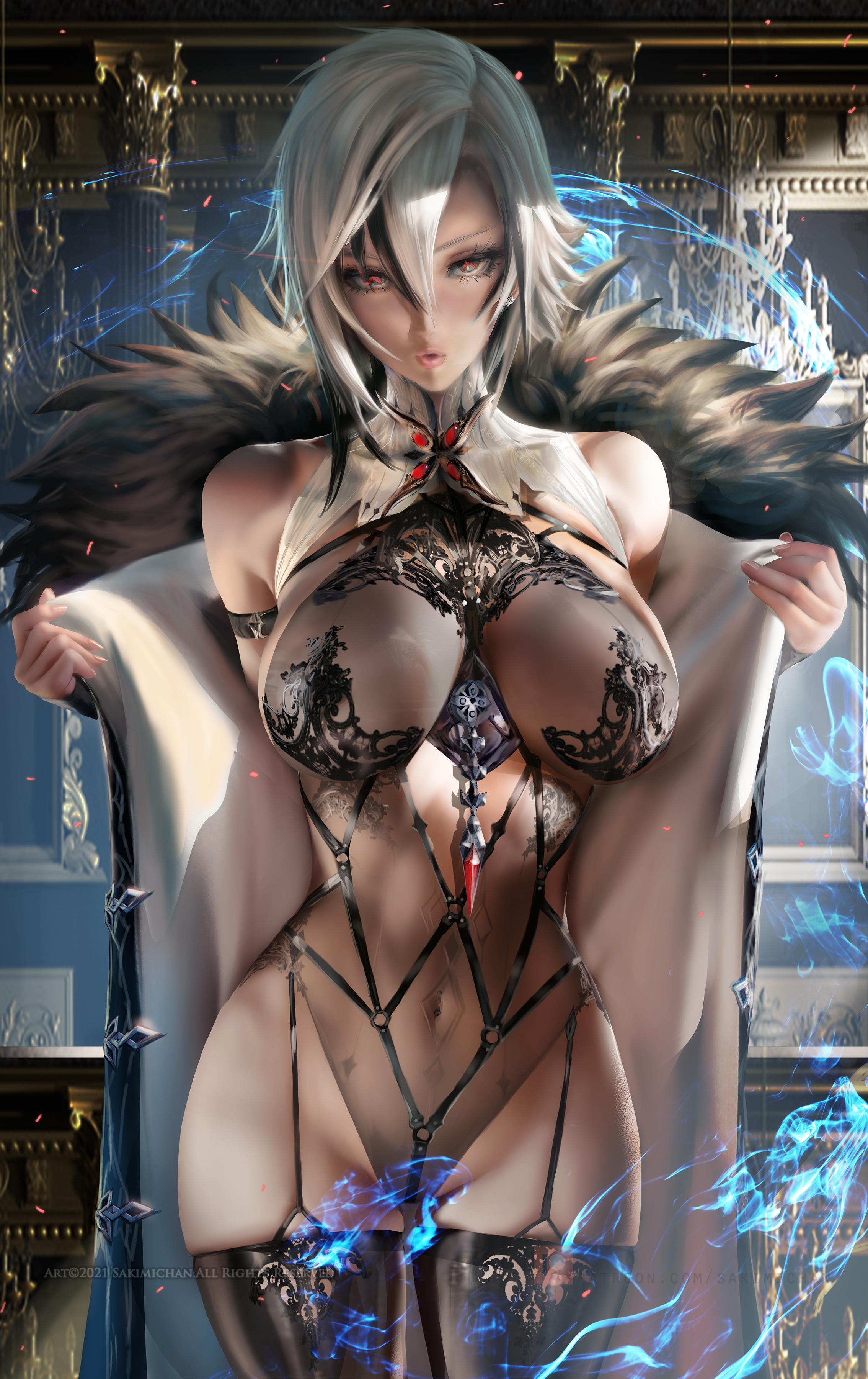 1girls, 2022, absurd res, arlecchino (genshin impact), breasts, coat, female, female only, genshin impact, hips, huge breasts, looking at viewer, medium hair, naughty face, open coat, red eyes, sakimichan, slim waist, suggestive look, thick thighs, thighs, undressing, white hair, wide hips