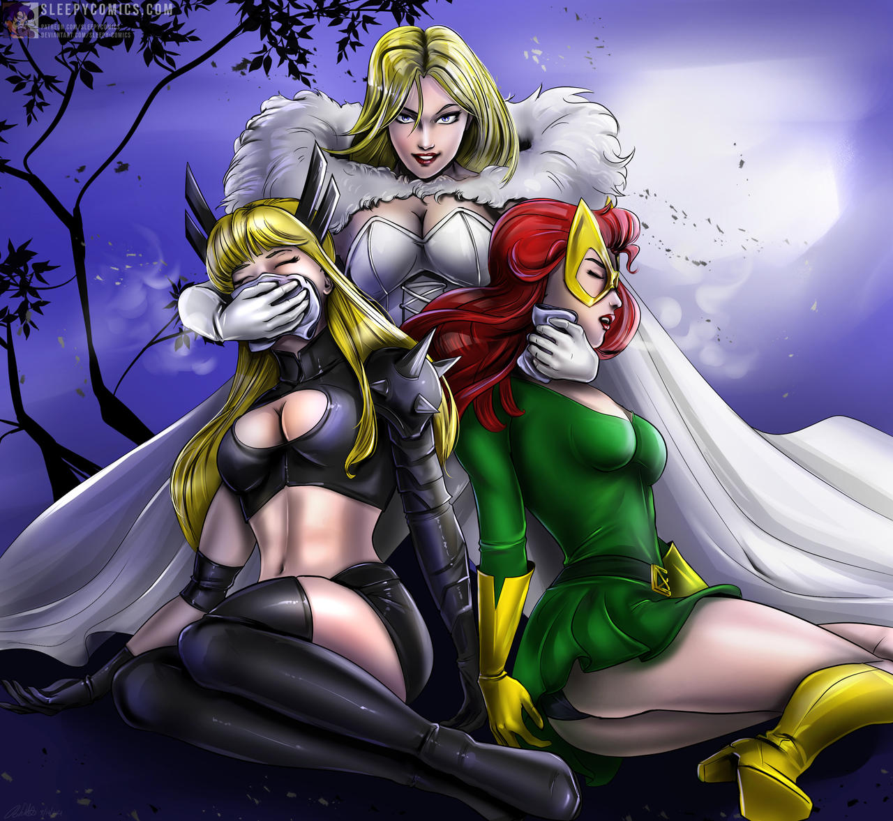 blonde hair, chloroform, cleavage, cleavage cutout, dominant female, dominatrix, emma frost, female, hellfire club, high heels, hourglass figure, jean grey, magik (illyana rasputin), marvel, marvel comics, marvel girl, red hair, sleepy-comics, thong panties, upskirt, voluptuous, white queen, x-men, yuri