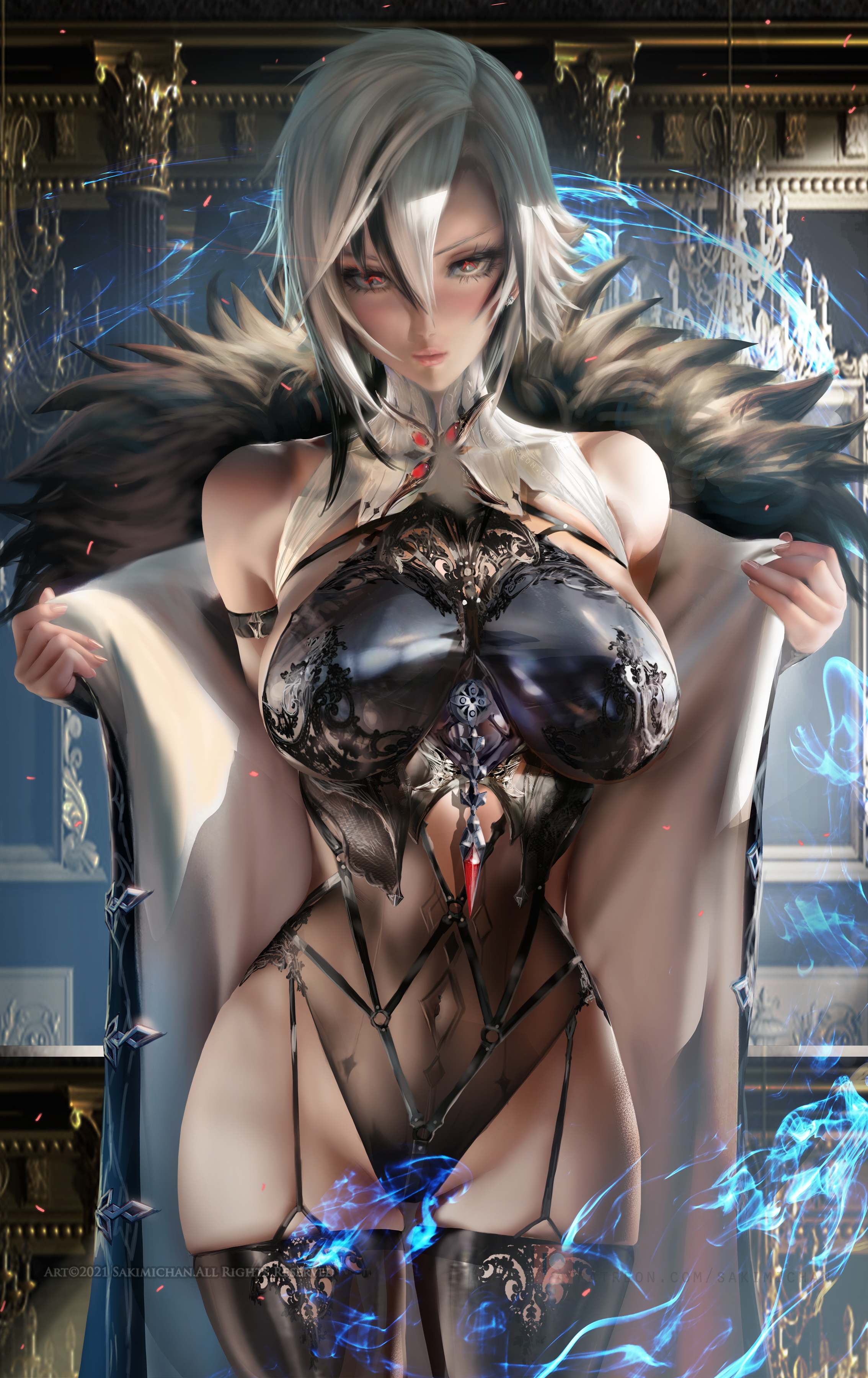 1girls, 2022, absurd res, arlecchino (genshin impact), breasts, coat, female, female only, genshin impact, hips, huge breasts, looking at viewer, medium hair, naughty face, open coat, red eyes, sakimichan, slim waist, suggestive look, thick thighs, thighs, undressing, white hair, wide hips