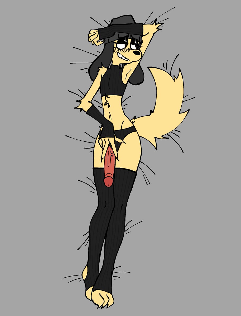 anthro beanie blush canid canine clothing erection fur furry furry_only genitals girly hat headgear headwear hi_res legwear long_ears long_penis lying male male_only mammal penis presenting presenting_penis puppy_(puppynsfw) puppynsfw solo stockings tail