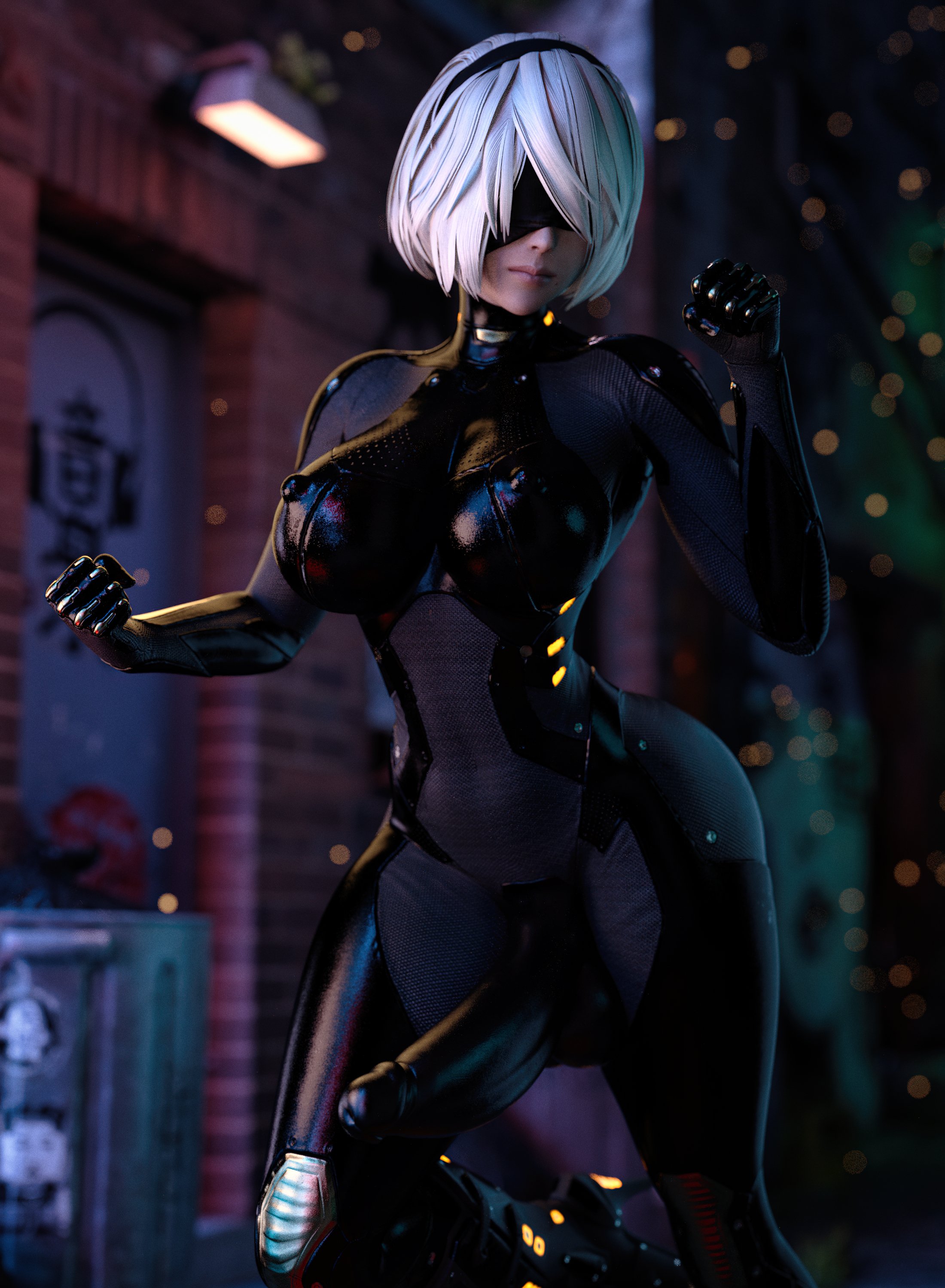 1futa, 3d, balls, big penis, black latex, black latex bodysuit, black latex gloves, blindfold, bodysuit, breasts, casual boner, clothing, cock sleeve (clothes), erect penis, erection, futa only, futanari, hairband, intersex, latex bodysuit, latex futa, latex gloves, light skin, light-skinned futa, nier, nier: automata, nipples, penis, short hair, solo, stevencarson, testicles, white hair, yorha 2b