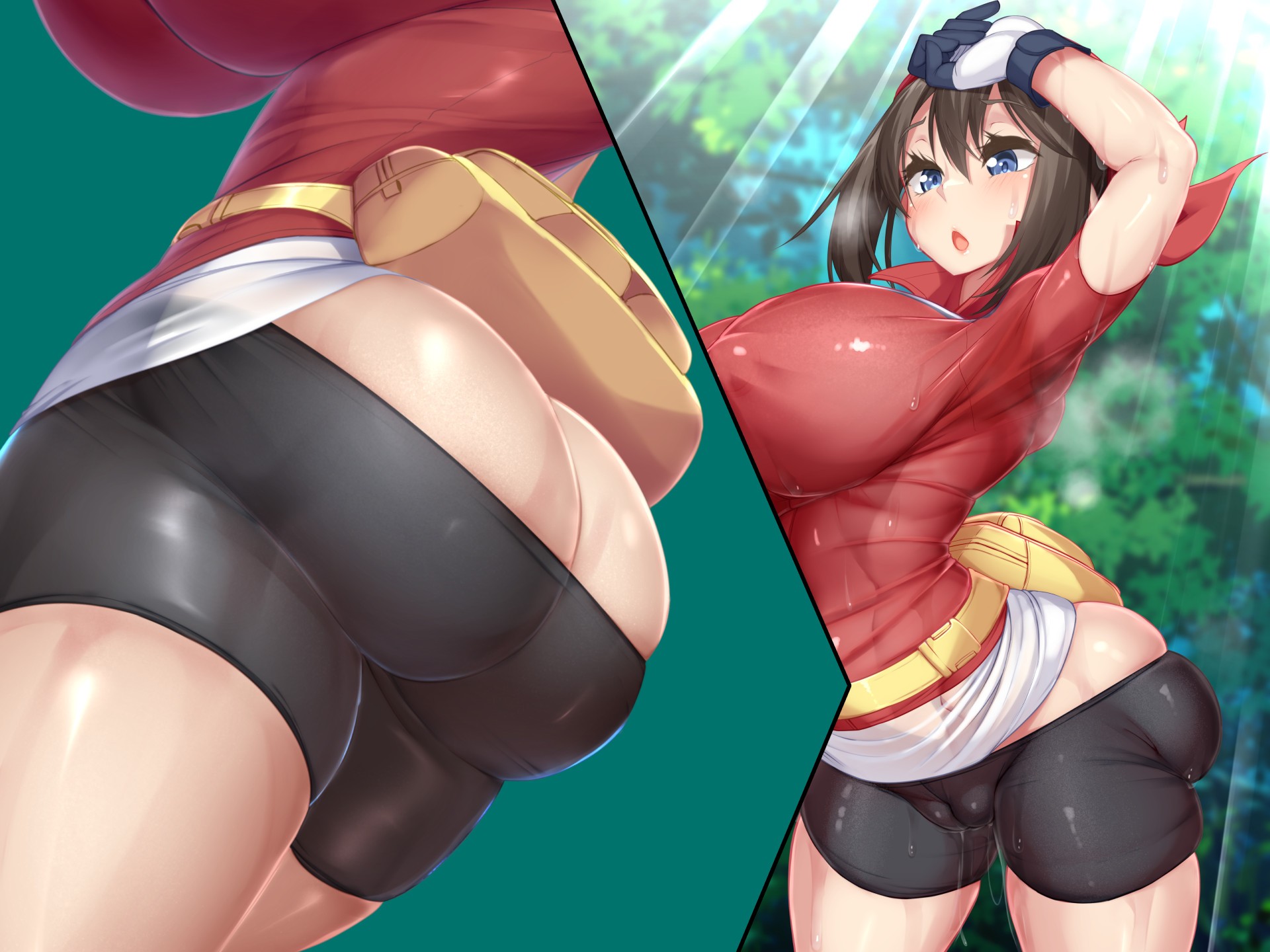 1girls, ass, ass cleavage, ass crack, big ass, big breasts, big butt, bike shorts, blue eyes, breasts, brown hair, butt crack, eye contact, female, game freak, gloves, huge breasts, kawahagitei, looking at viewer, may (pokemon rs), may (pokemon), minishorts, nintendo, pokemon, pokemon (game), pokemon rse, short hair, shorts, shorts down, sweat, sweaty, thick thighs, tight shorts