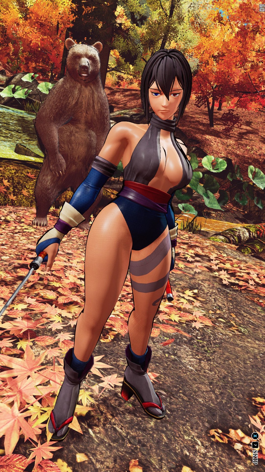 1girls 3d big_breasts black_hair blue_eyes breasts busty cleavage female female_only highres large_breasts leg_tattoo legs leotard mod red_eyes samurai_shodown shiki_(samurai_shodown) short_hair snk tattoo thighs weapon