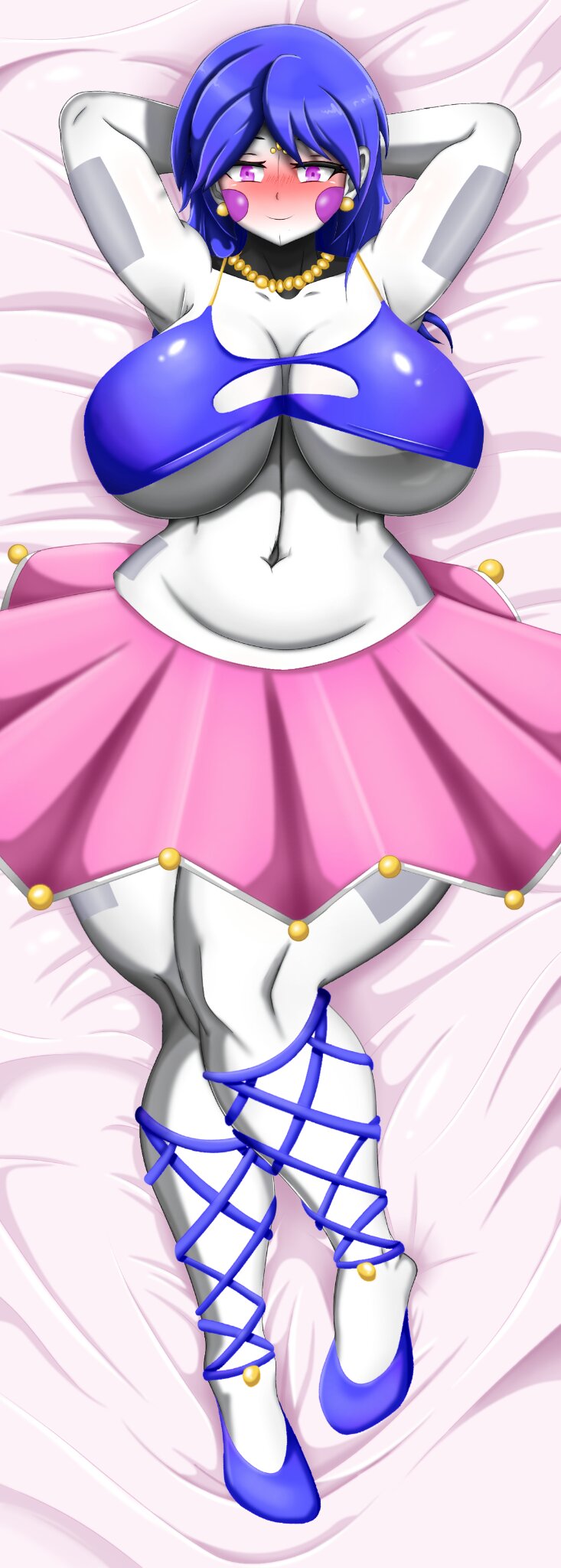 ballora ballora_(fnafsl) big_breasts bladgf blue_hair blue_shoes blush blushing blushing_at_viewer body_pillow clothed five_nights_at_freddy's five_nights_at_freddy's:_sister_location five_nights_in_anime giant_breasts long_hair looking_at_viewer pink_dress purple_cheeks purple_eyes red_blush smiling smiling_at_viewer tagme thick_thighs yellow_earrings yellow_necklace