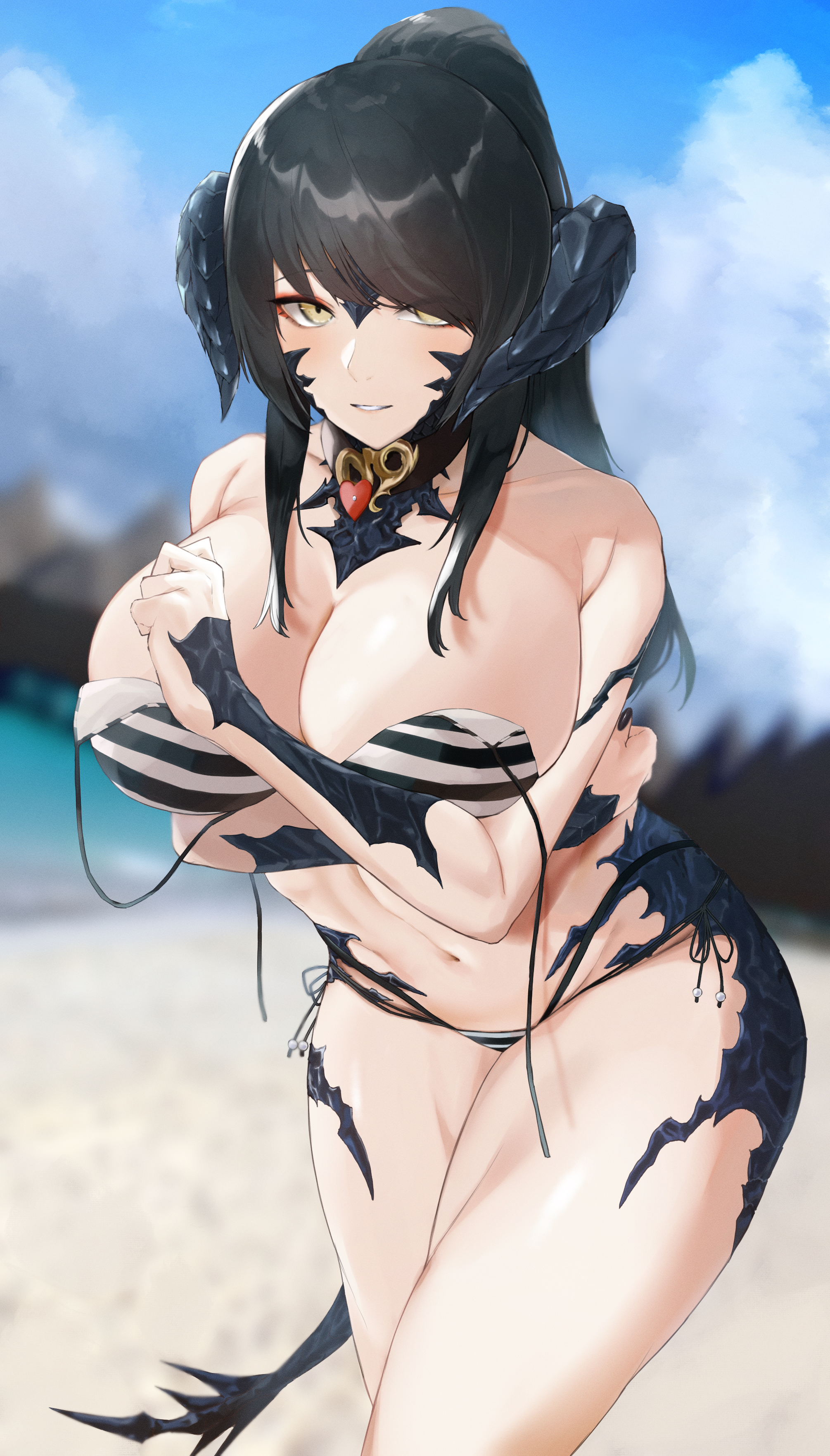 1girls, 2022, absurd res, au ra, beach, bikini, black hair, breasts, choker, commission, female, female only, final fantasy, final fantasy xiv, heart choker, hips, horns, huge breasts, kataku musou, long hair, outdoors, ponytail, sapphira nyx, scales, slim waist, square enix, striped bikini, tail, thick thighs, thighs, wardrobe malfunction, wide hips, xaela, yellow eyes