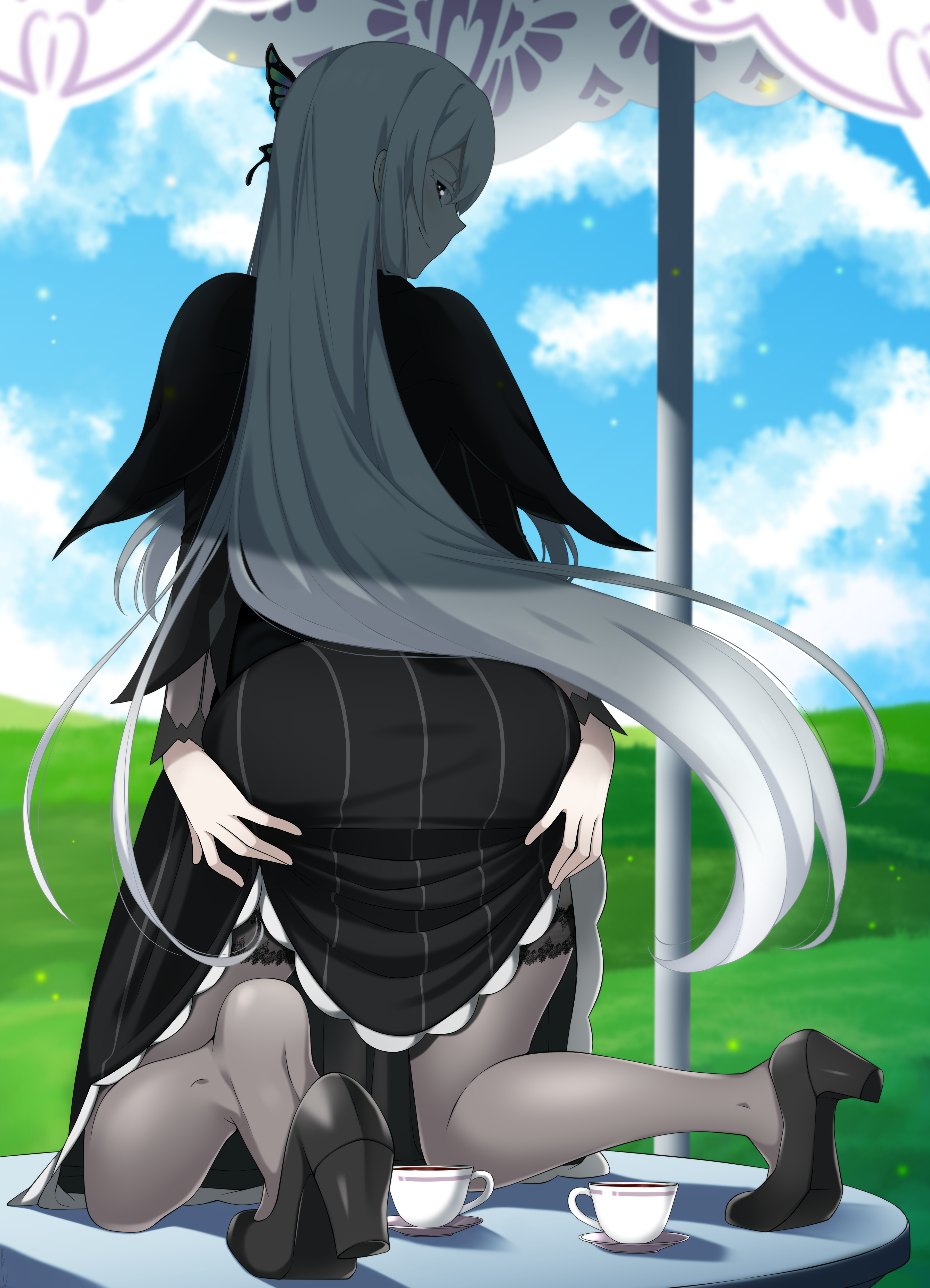 ass, big ass, bodily fluids, clothed, echidna (re:zero), female, high heels, large ass, lindaroze, re:zero kara hajimeru isekai seikatsu, solo, stockings, table, white hair