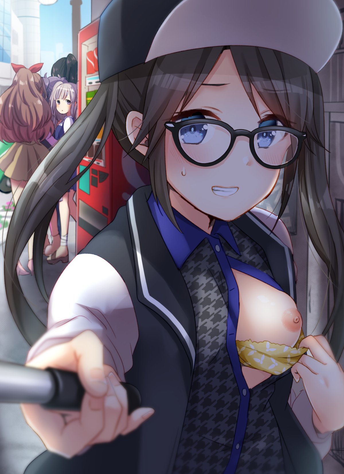 5girls bangs baseball_cap black-framed_glasses black_hair black_headwear blouse blue_eyes blurry blush bra bra_pull breast_outside breasts clothes_pull depth_of_field exhibitionism flashing glasses grey_shirt grin hat hatomugi_(mugicha) idolmaster idolmaster_shiny_colors jacket long_hair looking_at_viewer mitsumine_yuika multiple_girls nipples one_breast_out open_clothes open_jacket open_shirt oppai_challenge public_indecency pulled_by_self selfie selfie_stick shirase_sakuya shirt sidelocks small_breasts smile solo_focus sweatdrop tanaka_mamimi tsukioka_kogane twintails underwear vending_machine yellow_bra yukoku_kiriko