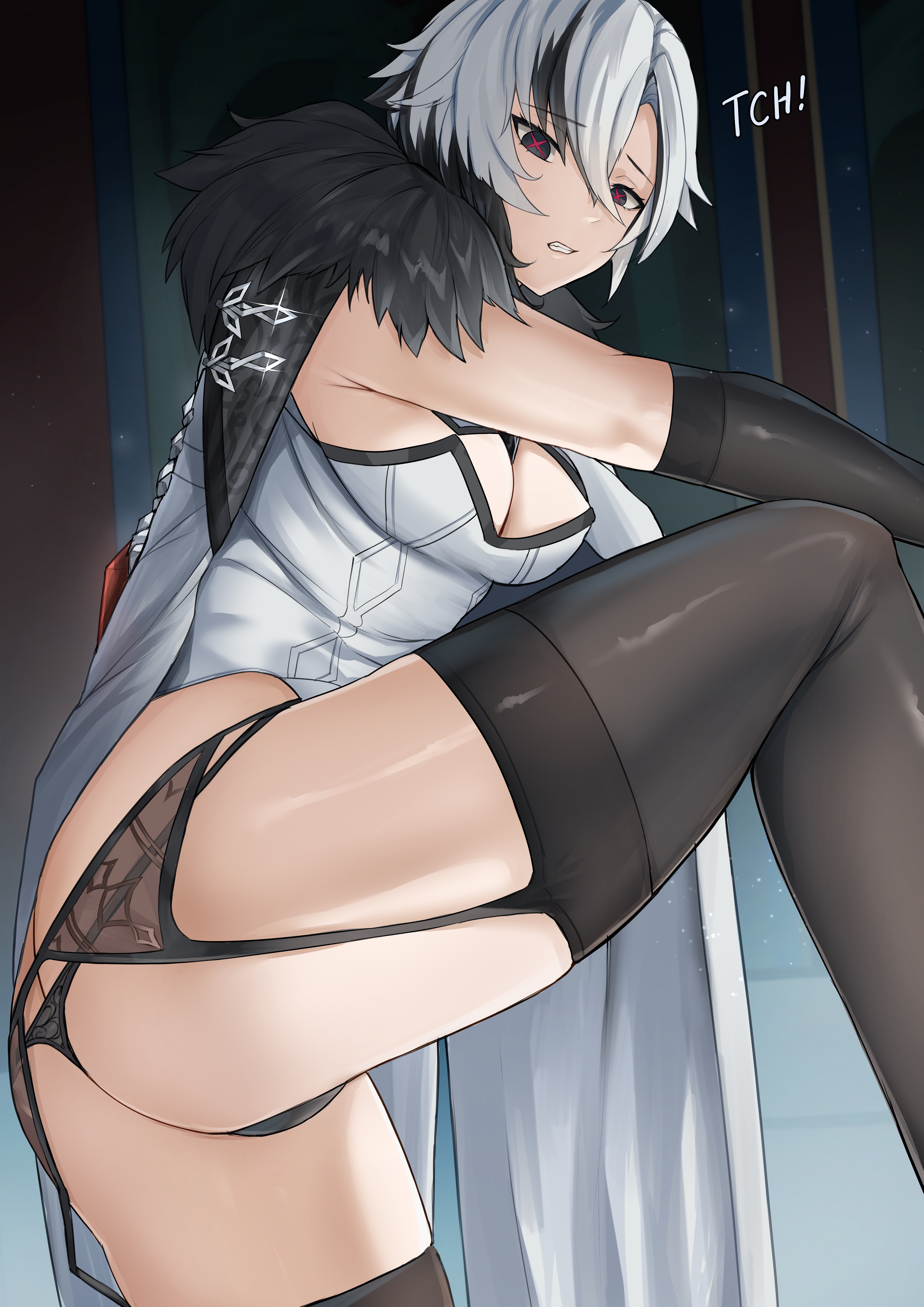 1girls, absurdres, annoyed, arlecchino (genshin impact), ass, ass cleavage, ass crack, ass visible through thighs, bare shoulders, big breasts, black elbow gloves, black eyes, black g-string, black garter belt, black garter straps, black hair, black highlights, black stockings, blue eyes, blue hair, boob window, breasts, butt crack, cleavage, cleft of venus, coat, collarbone, elbow gloves, embarrassed, female, flat ass, fur coat, fur trim, g-string, garter belt, garter straps, genshin impact, gritted teeth, highres, large breasts, light smile, looking at viewer, multicolored hair, navel, nipples, nude, nude female, off shoulder, presenting, pussy, red pupils, short hair, simple background, solo, stockings, streaked hair, symbol-shaped pupils, thick thighs, thighs, undressing, white body, white hair, white skin, x-shaped pupils