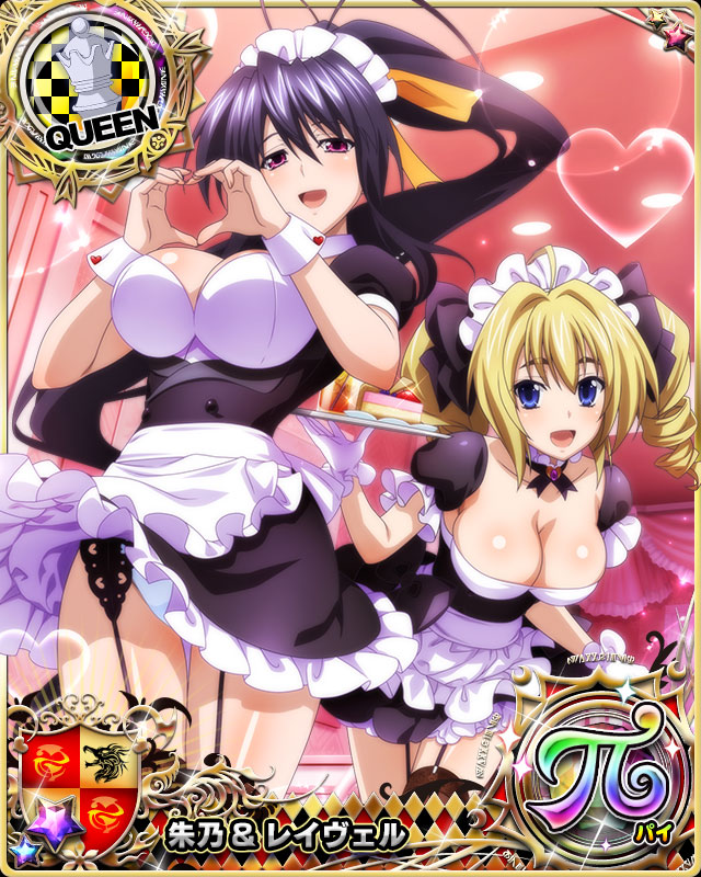 2girls, akeno himejima, black hair, blonde hair, blue eyes, breasts, card (medium), cleavage, female, high school dxd, large breasts, long hair, multiple females, multiple girls, official art, open mouth, purple eyes, ravel phenex, stockings