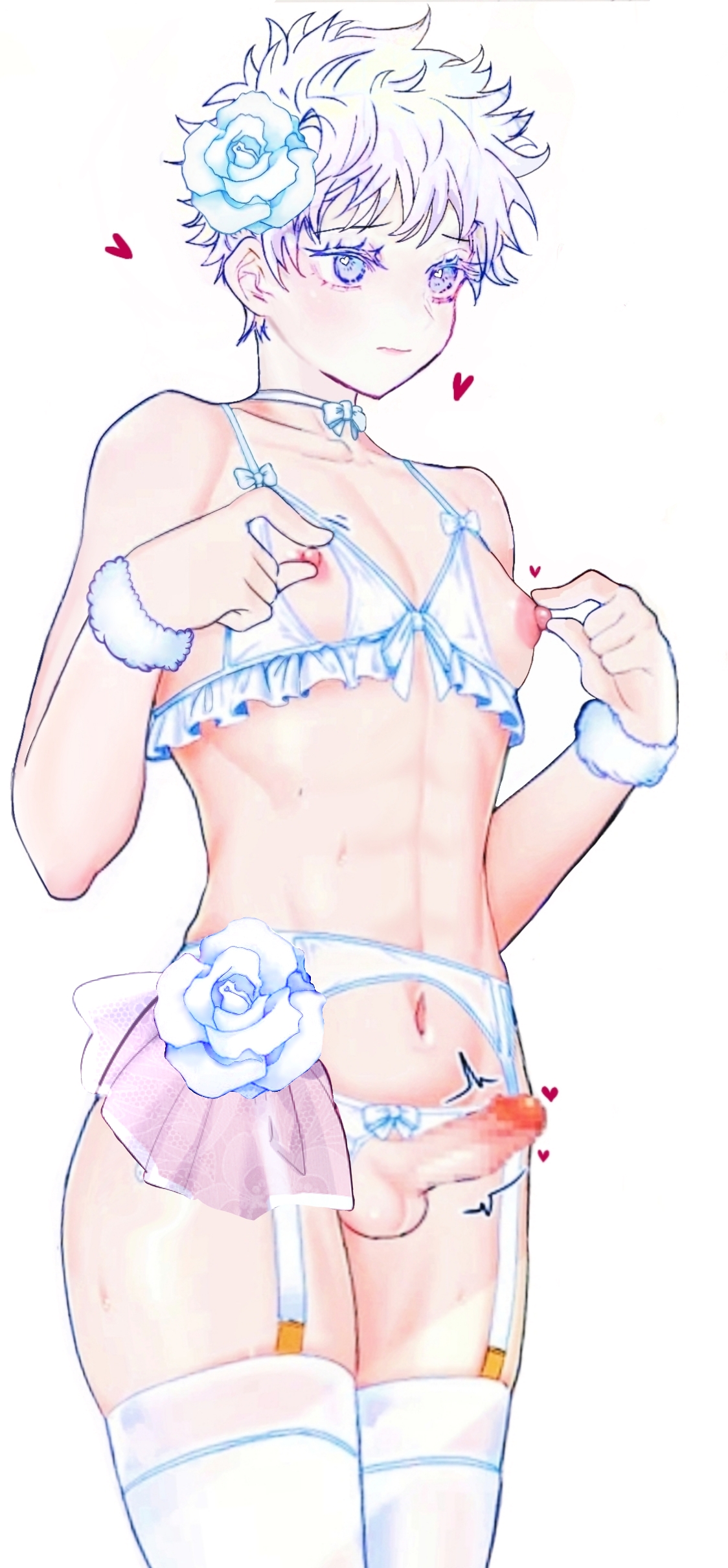 1boy, blue eyes, blue lingerie, blush, bridal lingerie, bride, crossdressing, femboy, flower in hair, girly, jujutsu kaisen, light skin, light-skinned male, lingerie, male, male focus, male nipple pinch, male nipples, male only, nipples, pale skin, pale-skinned male, pinching nipples, pink nipples, satoru gojo, solo, solo focus, thick thighs, trap, twink, white background, white hair