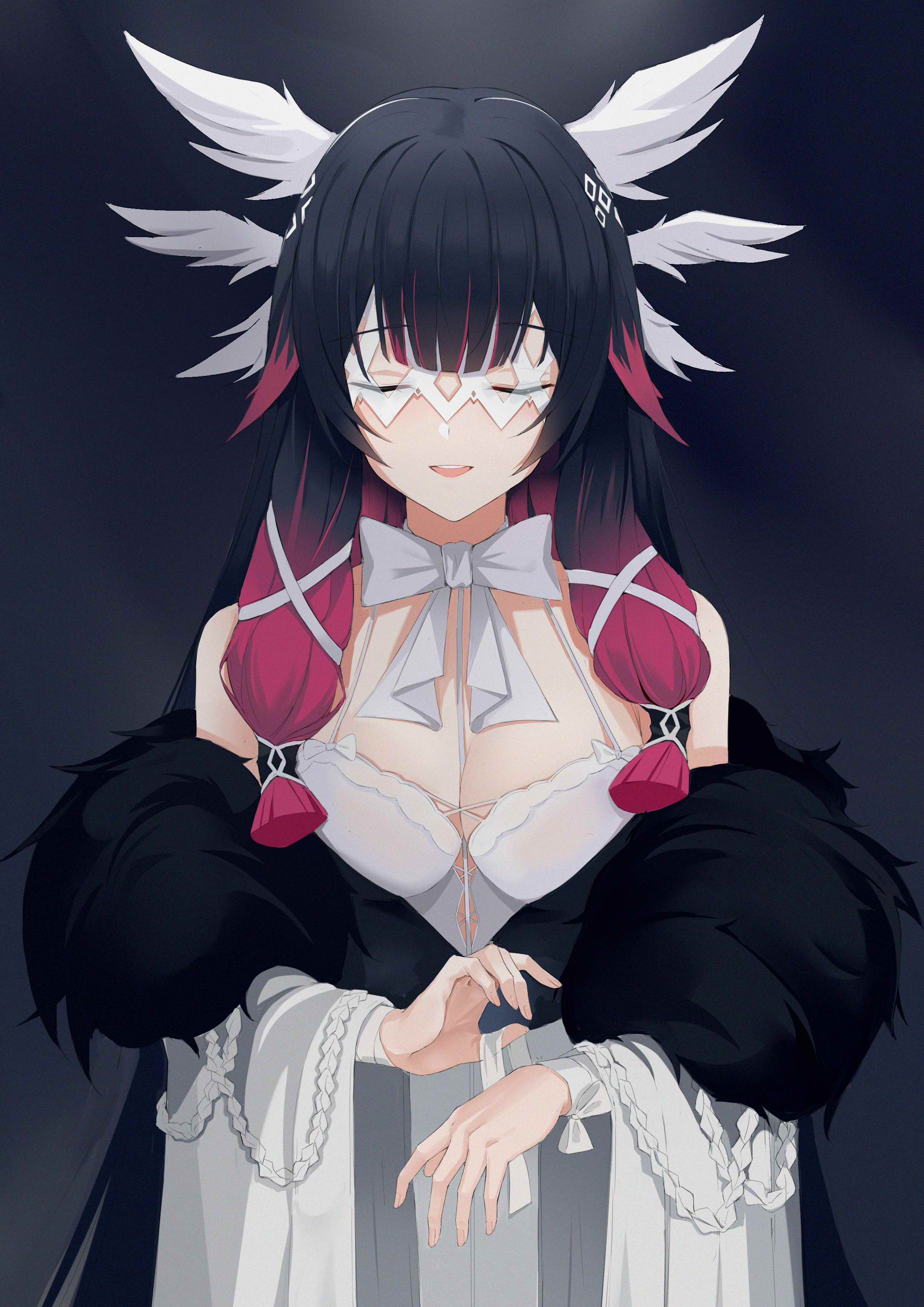 1girls, absurdres, bangs, black hair, breasts, censored, closed eyes, closed mouth, coat, columbina (genshin impact), eye mask, female, fur trim, fur-trimmed coat, genshin impact, hair ribbon, head wings, highres, kuyoumi, long hair, medium breasts, mosaic censoring, multicolored hair, naked coat, navel, open clothes, open coat, pussy, red hair, ribbon, smile, solo, solo female, thighs, tress ribbon, two-tone hair, white coat, white mask, white wings, wings