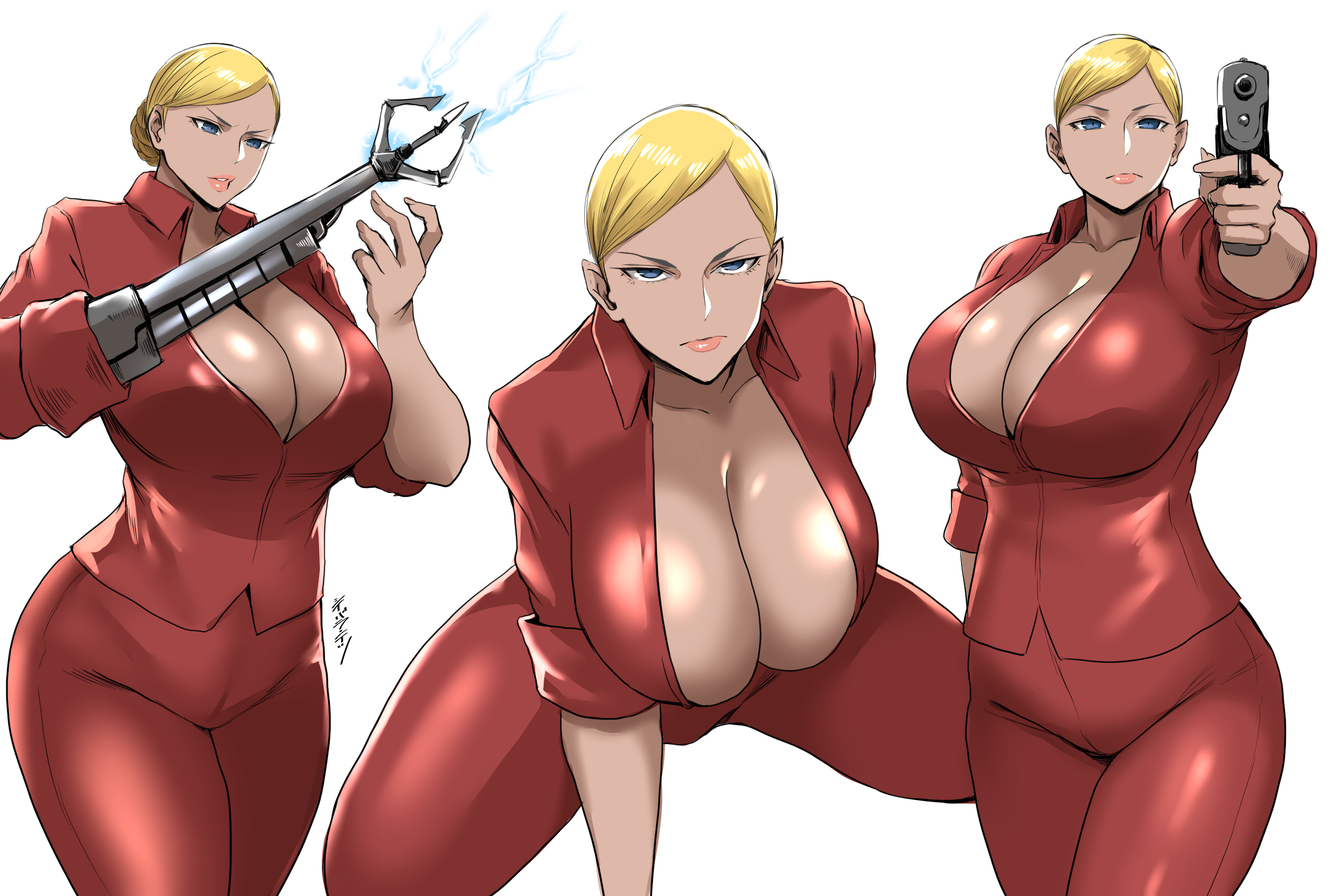 1girls, absurd res, android, artist name, big breasts, blonde hair, blue eyes, breasts, cleavage, clothed, clothes, clothing, collarbone, commission, curvy, eyelashes, female, female focus, female only, frown, fully clothed, gun, hair bun, half-closed eyes, hips, holding object, holding weapon, hourglass figure, huge breasts, humanoid, japanese text, large breasts, lips, lipstick, looking at viewer, makeup, multiple poses, pants, parted lips, pink lipstick, pistol, robot, robot girl, robot humanoid, rolled up sleeves, shibusun, shiny skin, shirt, short sleeves, signature, simple background, solo, solo female, squatting, swept bangs, t-x, tan skin, terminator, terminator 3: rise of the machines, text, thick, thick thighs, thighs, tied hair, top heavy, voluptuous, weapon, white background, wide hips