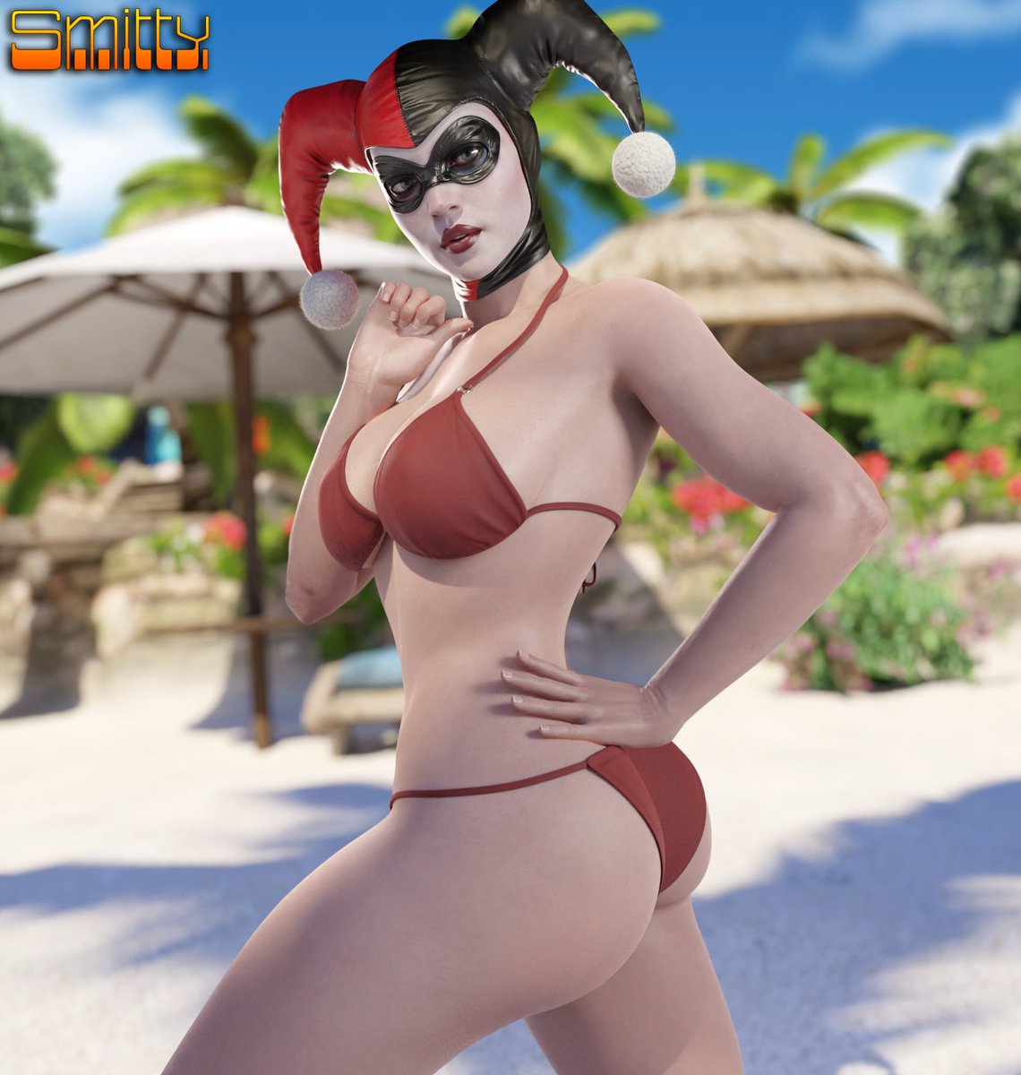 1girls, 3d, 3d (artwork), ass, batman (series), beach, big ass, big breasts, bikini, blender (software), breasts, dc, dc comics, female, female only, harley quinn, harley quinn (classic), harley quinn (injustice), injustice 2, large breasts, light skin, light-skinned female, pale skin, pale-skinned female, pose, posing, smitty34, solo, solo female, tagme