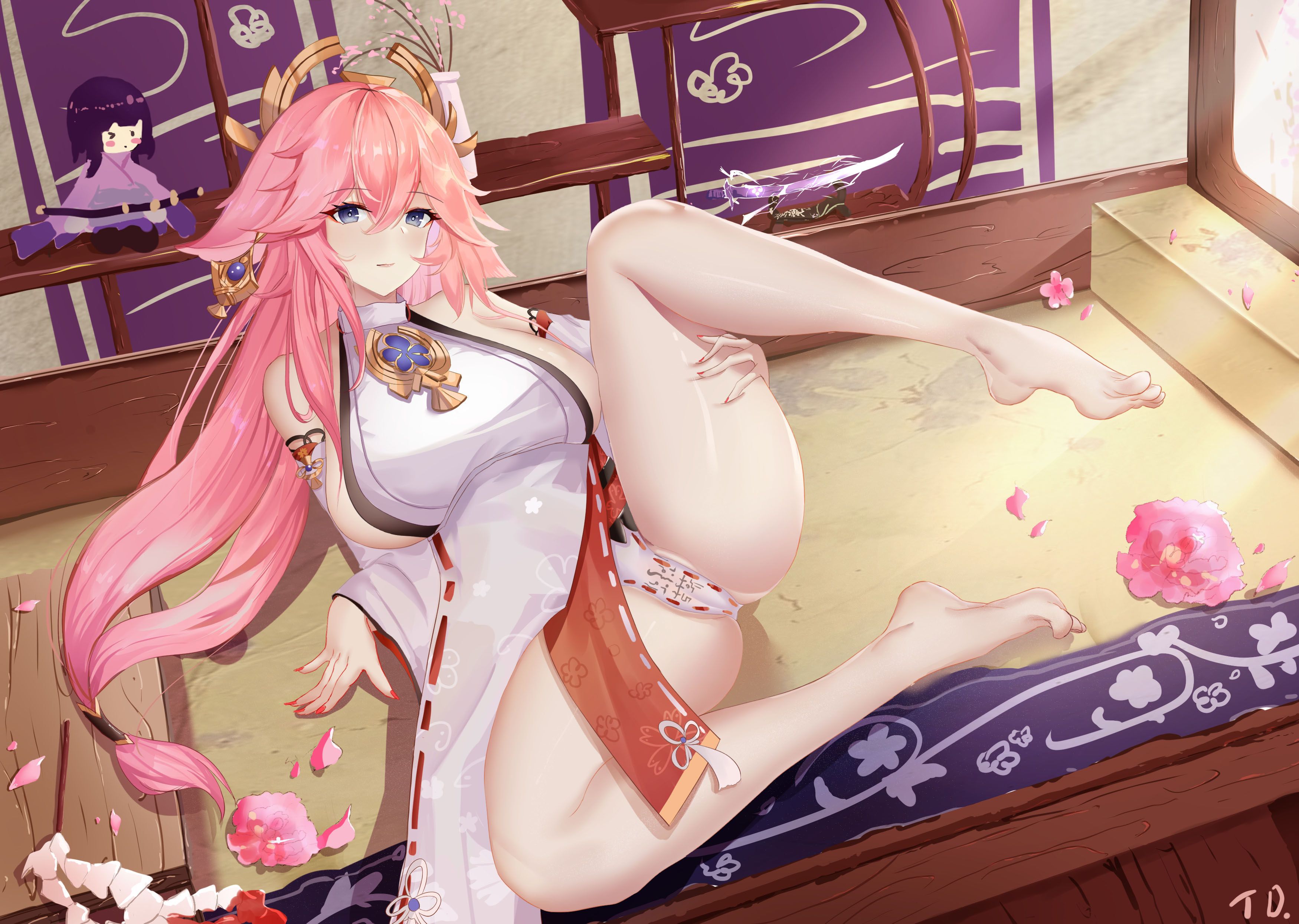artist request, ass, ass focus, ass grab, barefoot, big ass, big breasts, breasts, dakimakura, embarrassed, feet, female, female focus, female only, genshin impact, grabbing ass, in bed, long hair, mute, mute (artist), nude, nude female, open legs, pink hair, thick thighs, thighs, yae miko