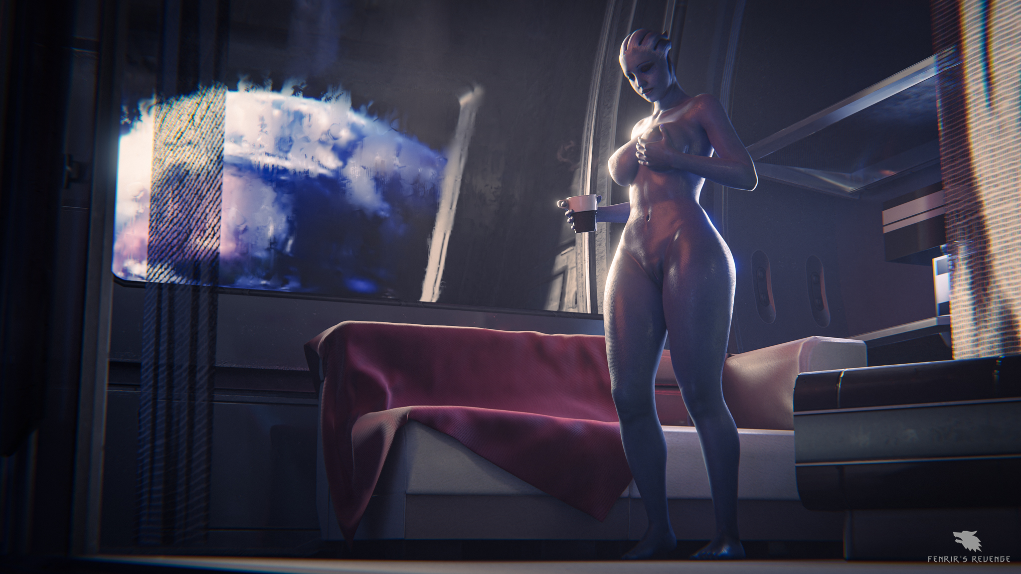 1girls, 3d, asari, female, female only, fenrir'srevenge, liara t'soni, mass effect, solo, space, spacecraft, tagme