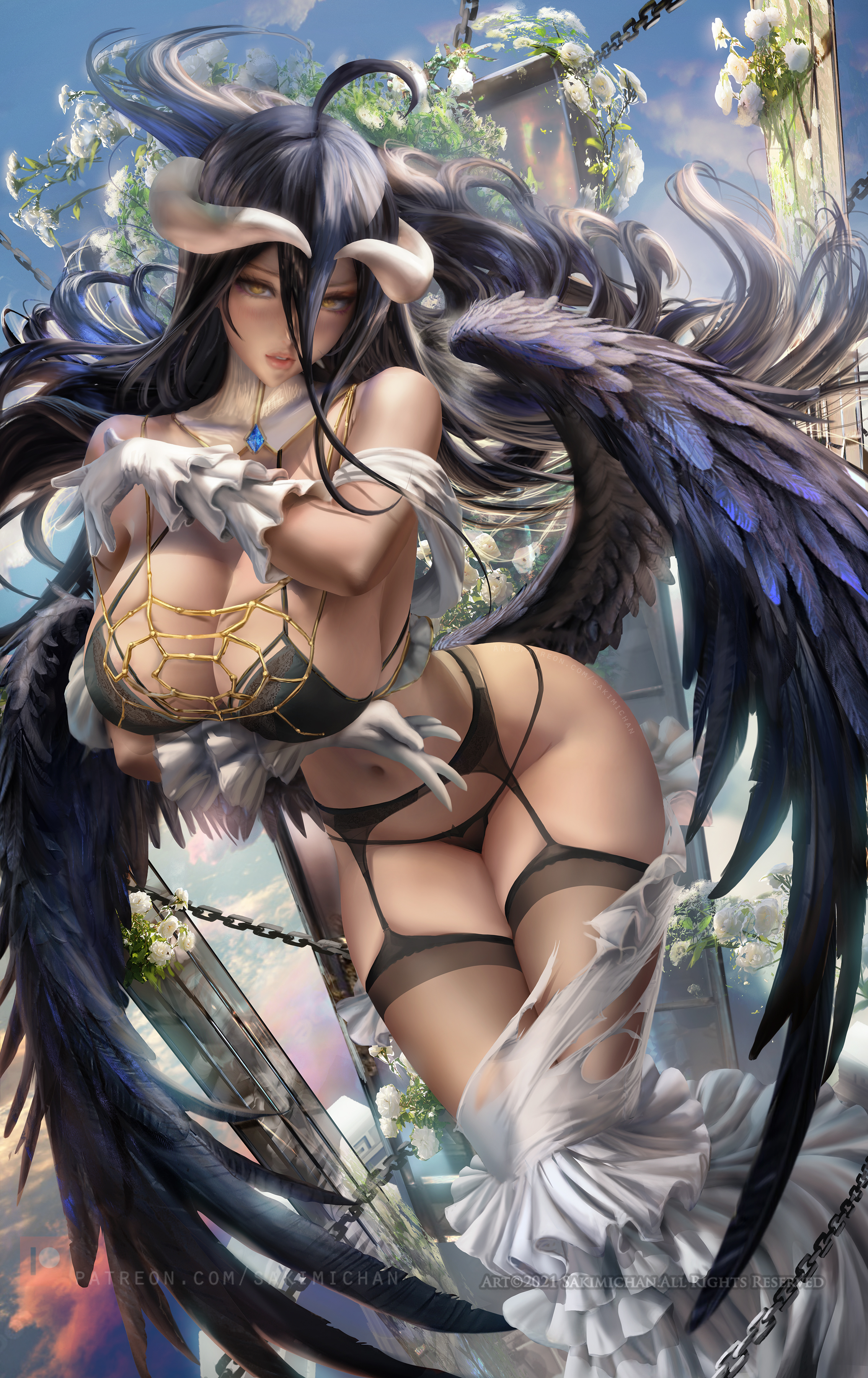 albedo (overlord), breasts, demon, female, horns, hourglass figure, massive breasts, overlord (maruyama), sakimichan, succubus, succubus horns, succubus wings, thick thighs
