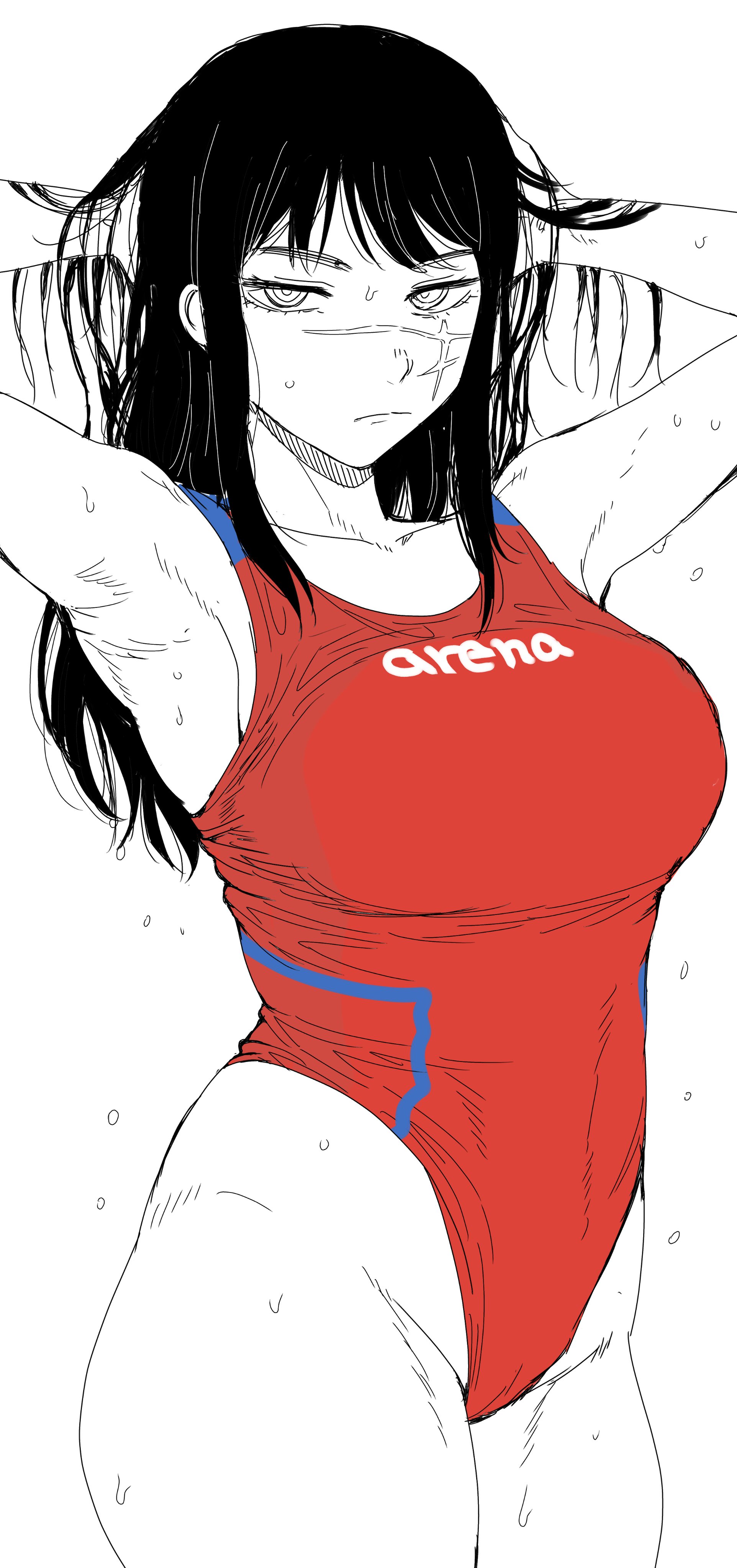 1girls, armpits, big breasts, black hair, breasts, chainsaw man, eye contact, facial scar, female, female only, highleg, kaiman garupan, long hair, looking at viewer, one-piece swimsuit, partially colored, scar, solo, standing, swimsuit, thick thighs, thighs, wide hips, yoru (chainsaw man)