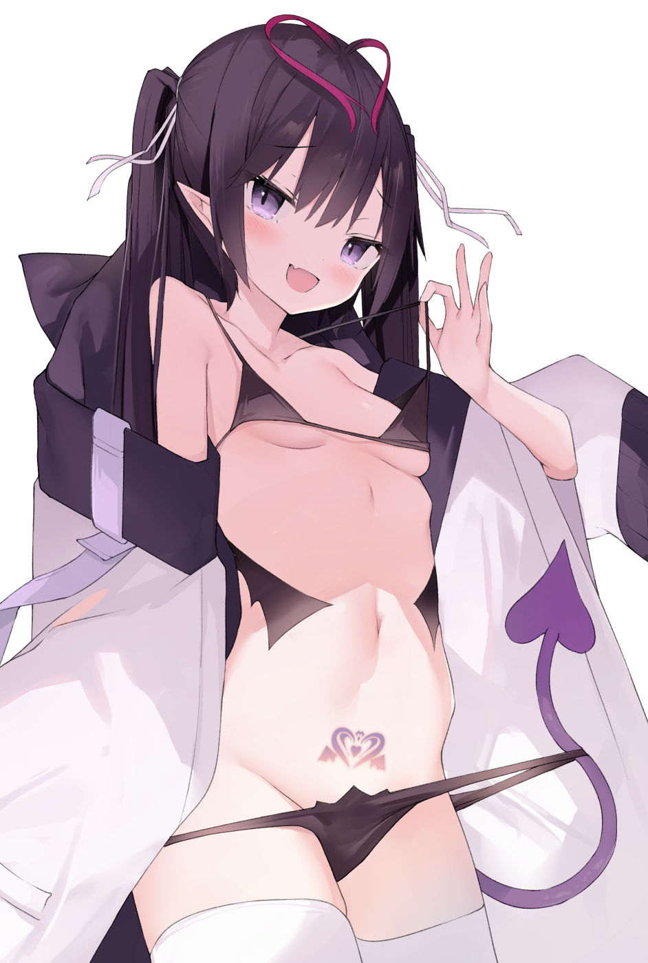 :d bare_shoulders bikini black_bikini black_hair blush breasts cisyo coat collarbone cowboy_shot demon demon_girl demon_tail female highres long_hair long_sleeves looking_at_viewer micro_bikini navel oerba_yun_fang off_shoulder open_clothes open_coat open_mouth original pointy_ears pubic_tattoo purple_eyes simple_background skin_fang small_breasts smile solo stomach strap_lift succubus succubus_tattoo swimsuit tail tattoo thighhighs twintails underboob white_background white_coat white_thighhighs