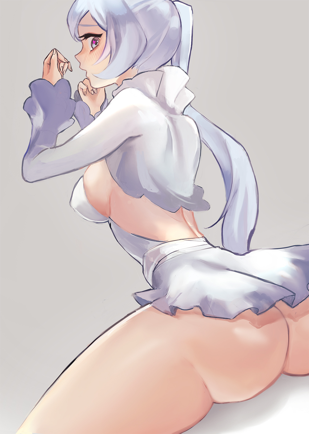1girls, ass, ass focus, big ass, black eyes, blush, breasts, clothing, female, female only, hair, heart-shaped pupils, huge ass, human, light skin, light-skinned female, looking at viewer, looking back, pale skin, pale-skinned female, pokies, ponytail, rwby, scared, short dress, sideboob, simple background, solo, thick thighs, thighs, weiss schnee, white hair, zz rairai