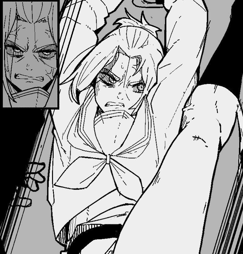 1girls, angry face, attack on titan, black and white, female, flat chested, gabi braun, mark gavatino, multiple panels, school uniform, shingeki no kyojin, thick legs, younger female