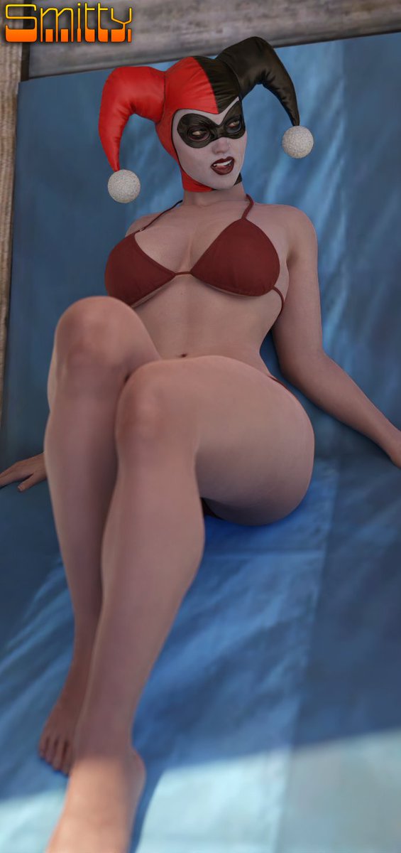 1girls, 3d, 3d (artwork), batman (series), beach, big breasts, bikini, blender (software), breasts, dc, dc comics, female, female only, harley quinn, harley quinn (classic), harley quinn (injustice), injustice 2, light skin, light-skinned female, pale skin, pale-skinned female, smitty34, solo, solo female, tagme, thick thighs