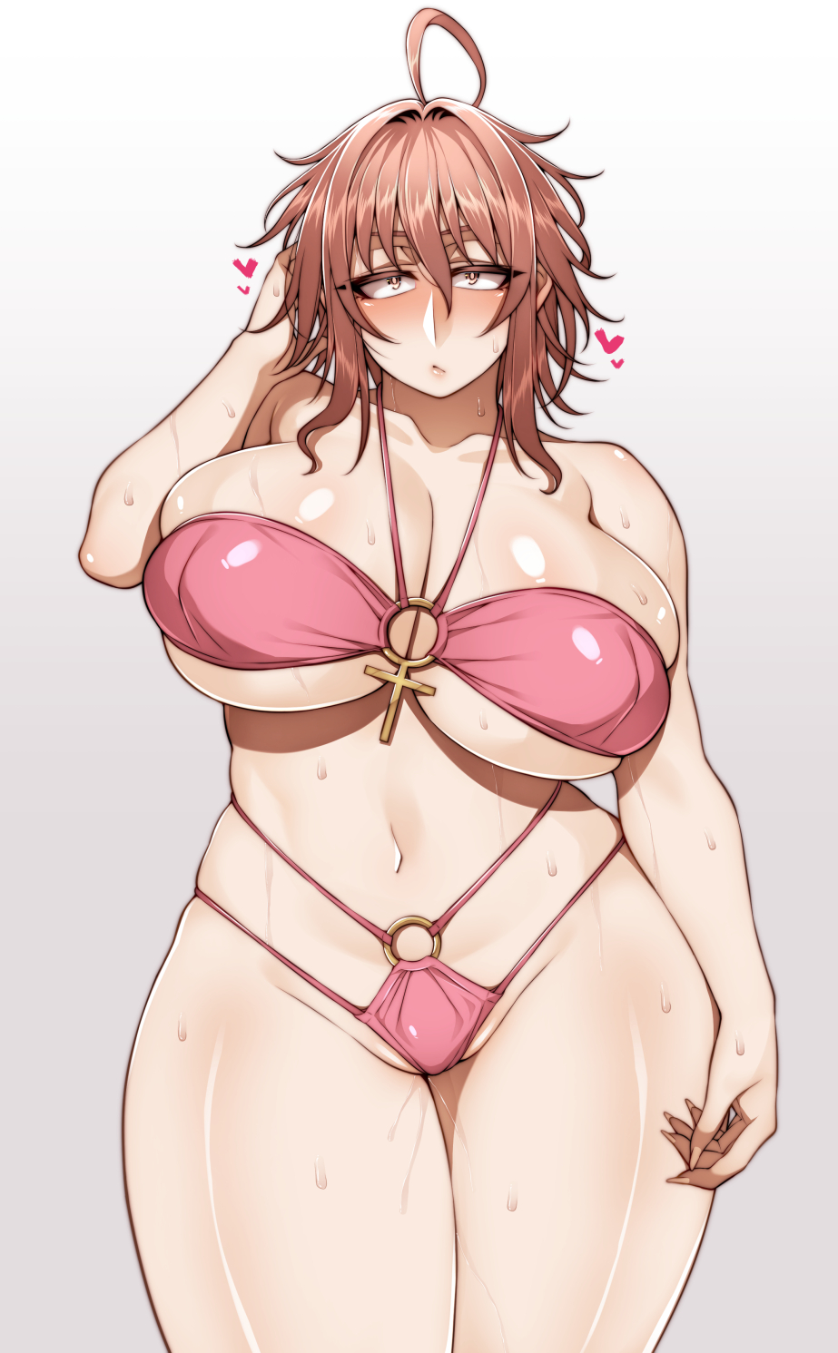 bikini blush cleavage curvaceous huge_breasts kanna_busujima korotsuke looking_at_viewer messy_hair pink_hair pussy_juice small_pupils sweat the_creepy_glasses_girl thick_thighs tight_fit voluptuous wide_hips