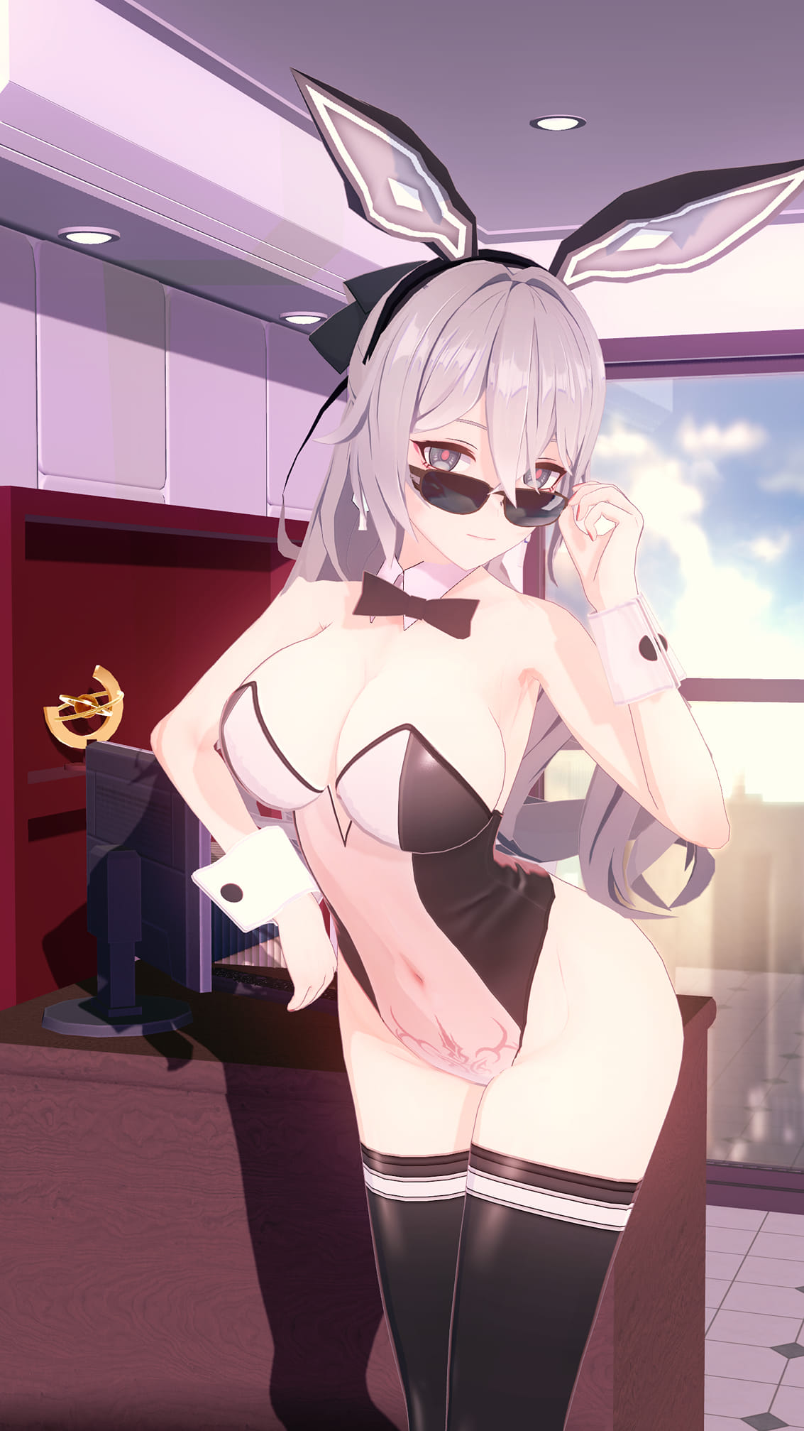 1girls, 3d, adjusting eyewear, adjusting glasses, adjusting sunglasses, alternate version at source, bowtie, breasts, bronya zaychik, bronya zaychik (silverwing: n-ex), bunny ears, bunnysuit, cleavage, clothed, clothing, detached collar, female, female only, glasses, grey eyes, grey hair, honkai (series), honkai impact 3rd, legwear, leotard, looking at viewer, looking over eyewear, looking over glasses, looking over sunglasses, pubic tattoo, see-through clothing, solo, standing, stockings, sunglasses, tattoo, thighhighs, tinted eyewear, transparent bunnysuit, wrist cuffs