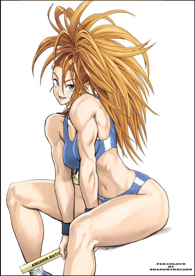 bandaid bandaid_on_face bare_arms bare_shoulders baton blue_eyes breasts buruma captain_mizuki colorized female large_breasts long_hair medal murata_yuusuke muscular muscular_female one-punch_man open_mouth orange_hair ponytail simple_background sitting smile solo sports_bra tied_hair white_background