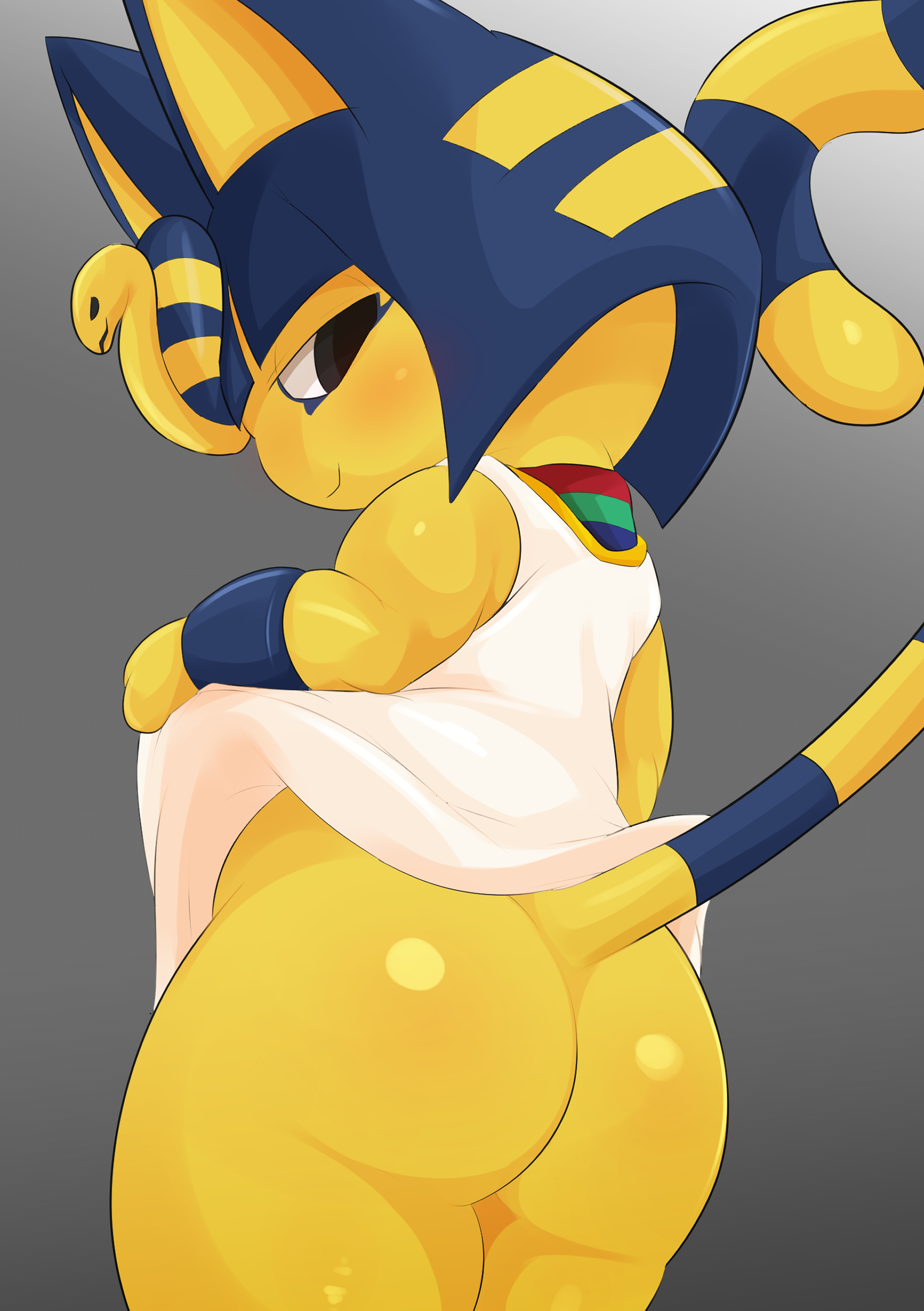 2022, absurd res, animal crossing, ankha, ankha (animal crossing), anthro, ass, blush, bottomless, clothed, clothing, clothing lift, digital media (artwork), domestic cat, felid, feline, felis, female, female only, gradient background, hi res, looking at viewer, mammal, nintendo, shortstack, simple background, solo, solo female, type, video games