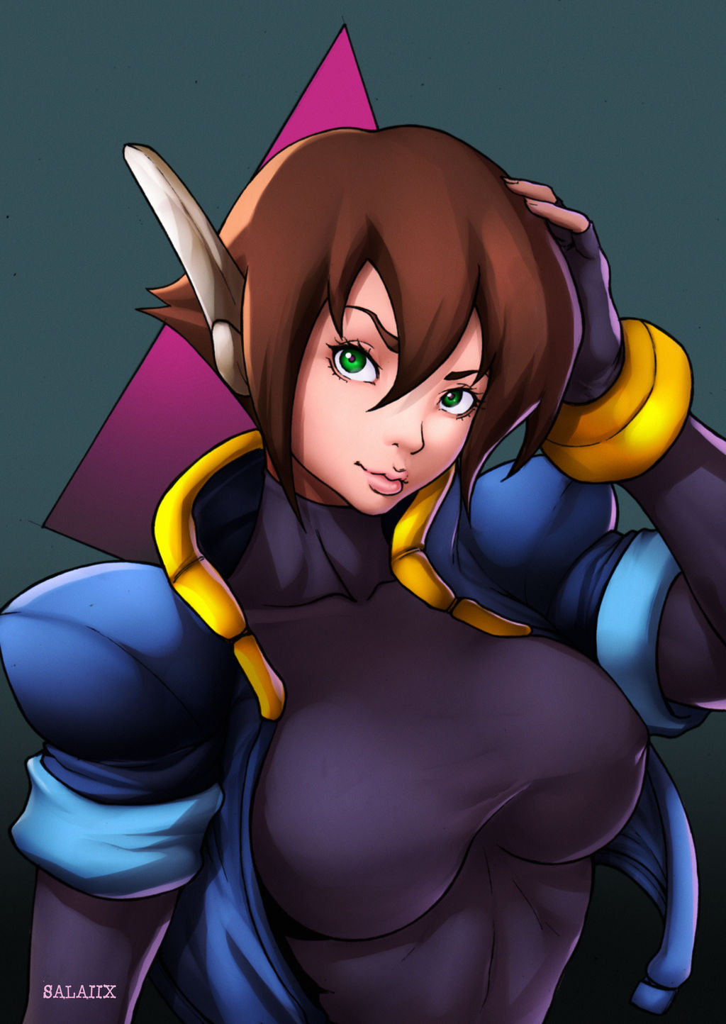 1girls aile big_breasts brown_hair clothed gift_art green_eyes mega_man mega_man_zx_advent open_clothes salaiix second-party_source solo_female upper_body