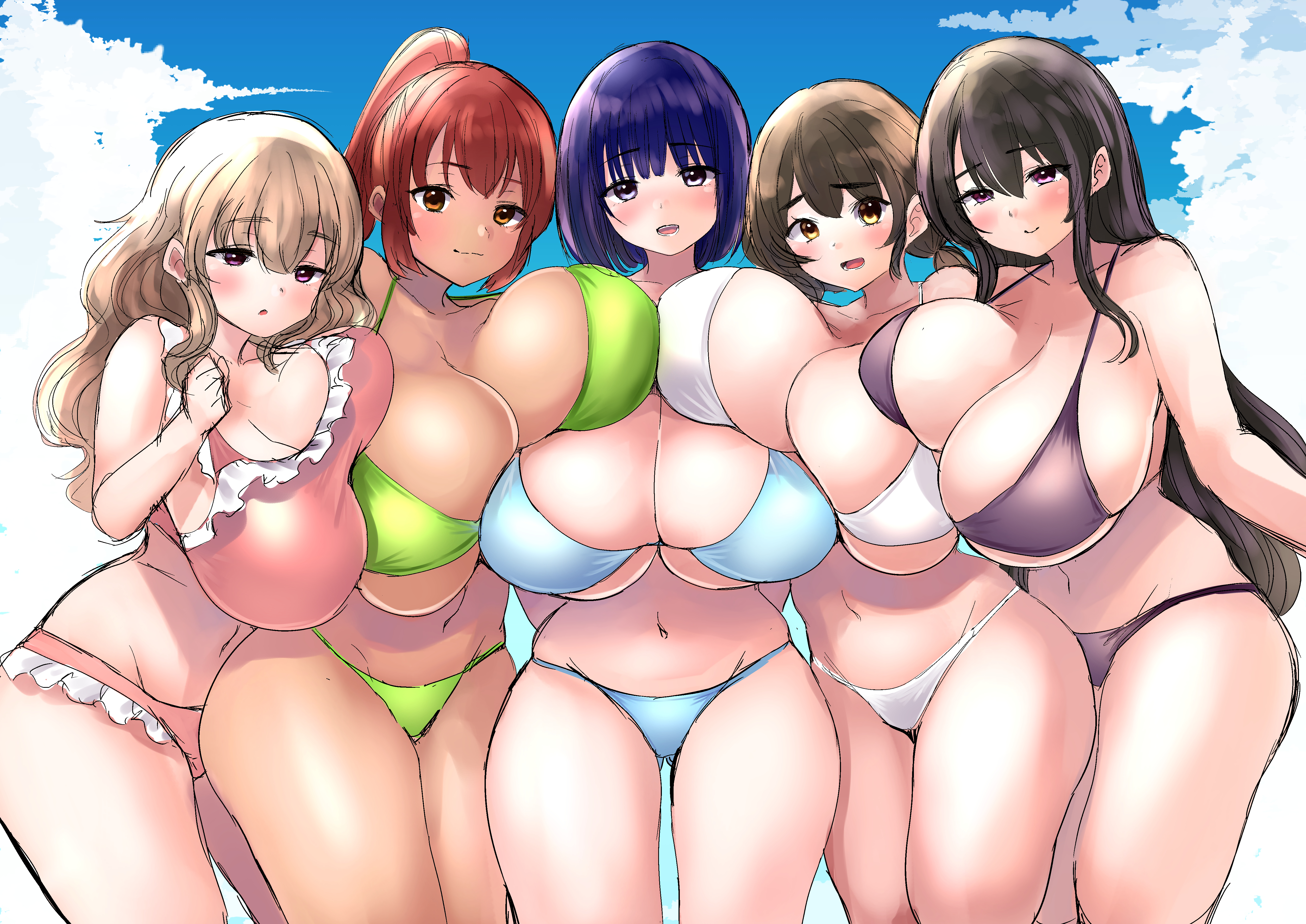 5girls, beach, big breasts, bikini, blue bikini, blue eyes, blue hair, blue swimsuit, blush, breast to breast, breasts, brown eyes, brown hair, curly hair, female, female focus, female only, green bikini, green swimsuit, huge breasts, light skin, light-skinned female, long hair, looking at viewer, multiple females, multiple girls, ohanachan, orange eyes, original, pink bikini, pink eyes, pink swimsuit, ponytail, purple bikini, purple swimsuit, red eyes, red hair, short hair, straight hair, tan body, tan skin, tanned, tanned female, tanned skin, thick thighs, white bikini, white eyes, white swimsuit, yellow eyes