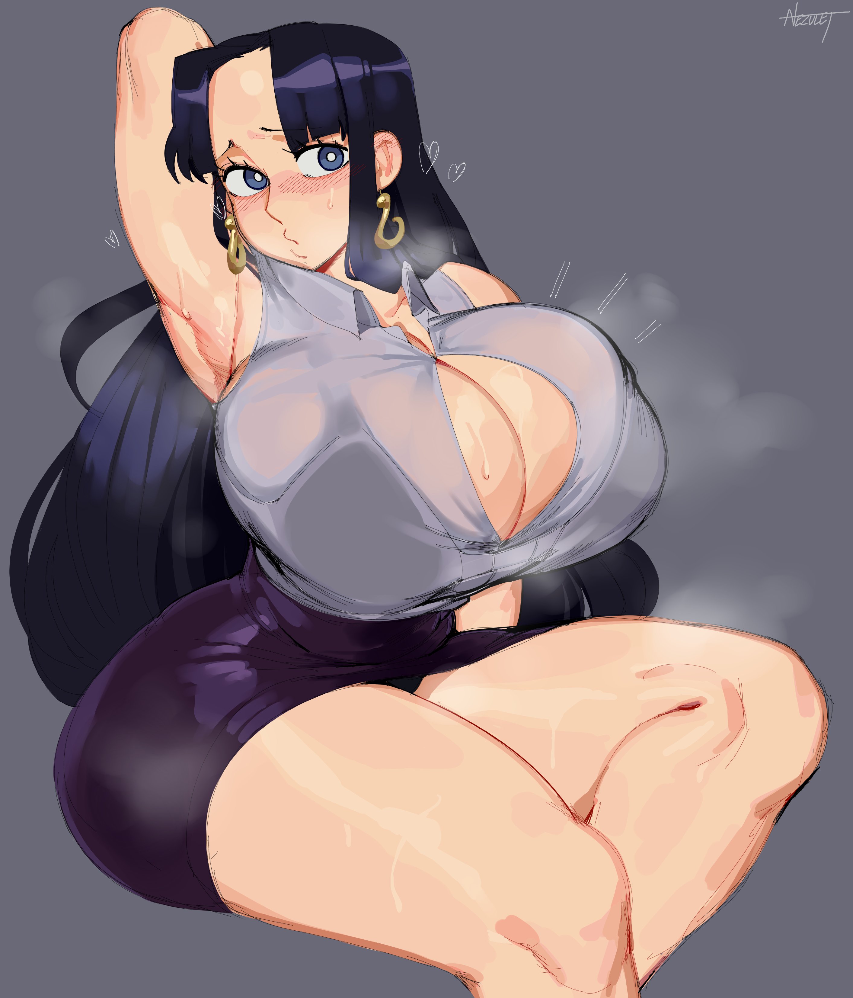 1girls, absurd res, arm behind head, armpit, black hair, blush, boa hancock, bra, breasts, button gap, cleavage, earrings, female, female only, hi res, large breasts, long hair, looking at viewer, nezulet, one piece, see-through, skirt, solo, sweat, thick thighs, thighs, wide hips