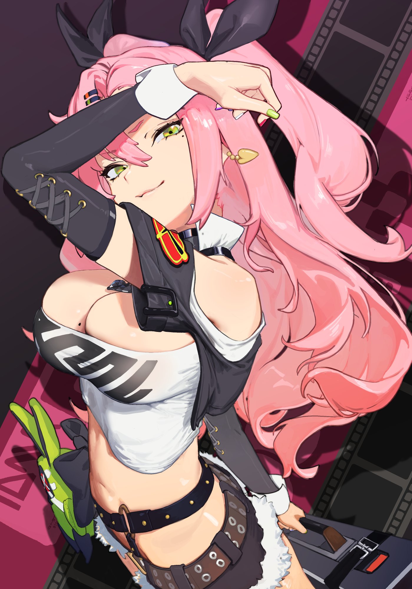1girls, big breasts, booty shorts, breasts, crop top, earrings, female, female only, fur-trimmed shorts, green eyes, green nails, hair ribbon, looking at viewer, m1zbu, mole, mole on breast, nail polish, nicole demara, pink hair, purple nails, red nails, solo female, twintails, waterswing, white nails, zenless zone zero