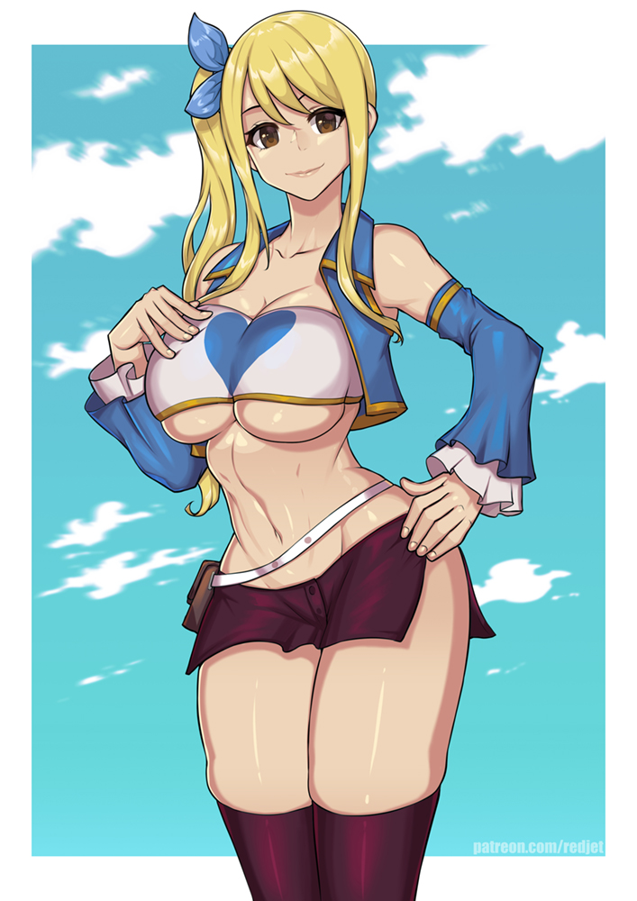 1girls, big breasts, blonde hair, blonde-haired female, breasts, fairy tail, female, hand on hip, large breasts, lucy heartfilia, outdoors, redjet, shorts, skindentation, solo, standing, thighhighs, underboob